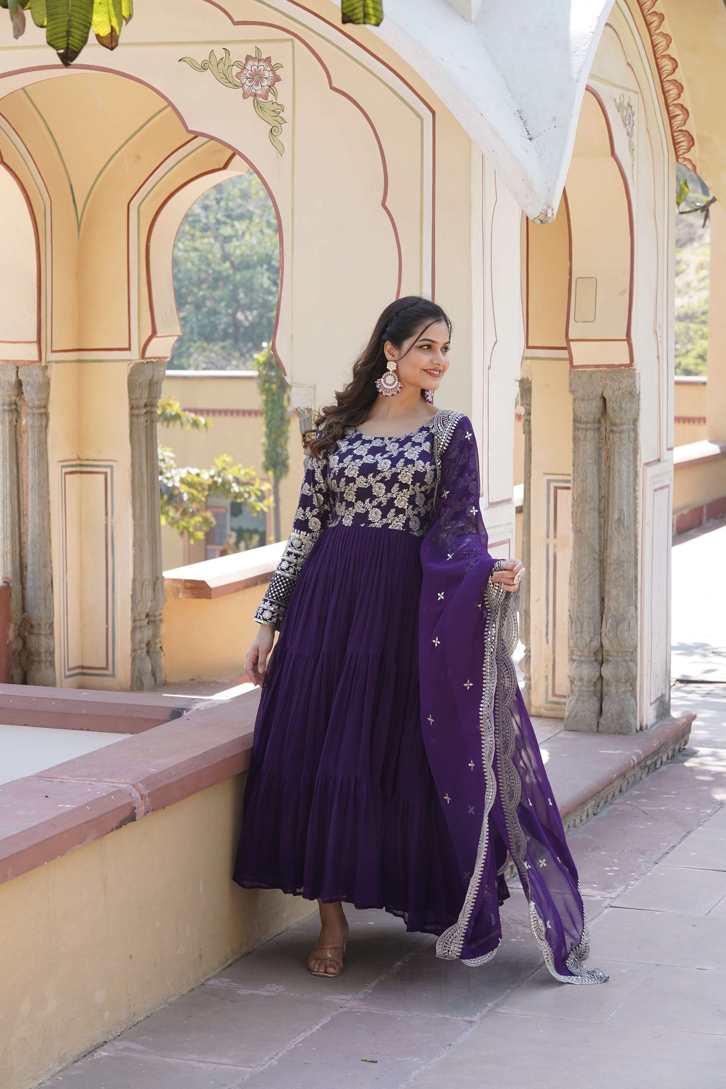 Purple Faux Blooming Designer Gown with Sequined Dupatta  Elegant Fully Flared Ready-to-Wear Set