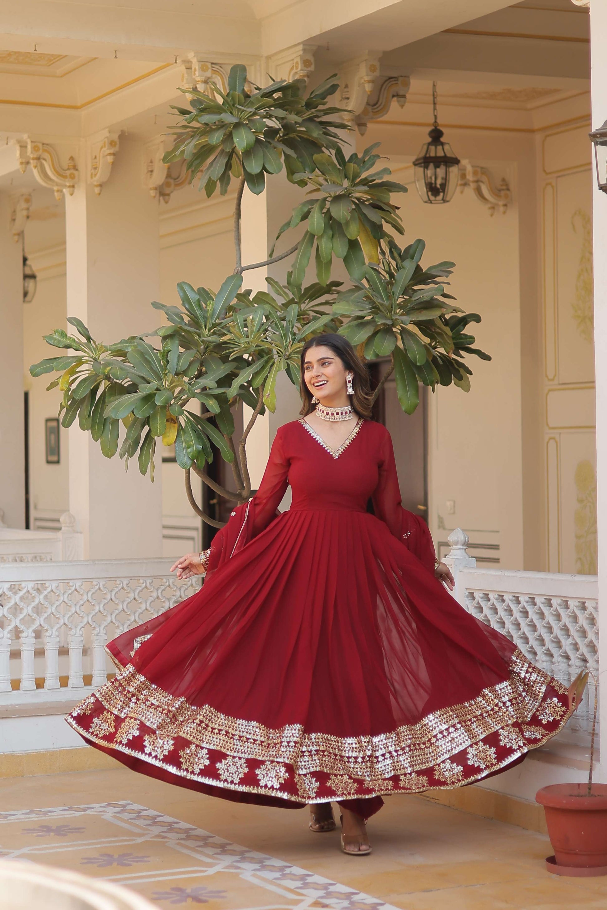 Maroon Faux Blooming Gown with Sequined Dupatta  Elegant Fully Flared Party & Wedding Set