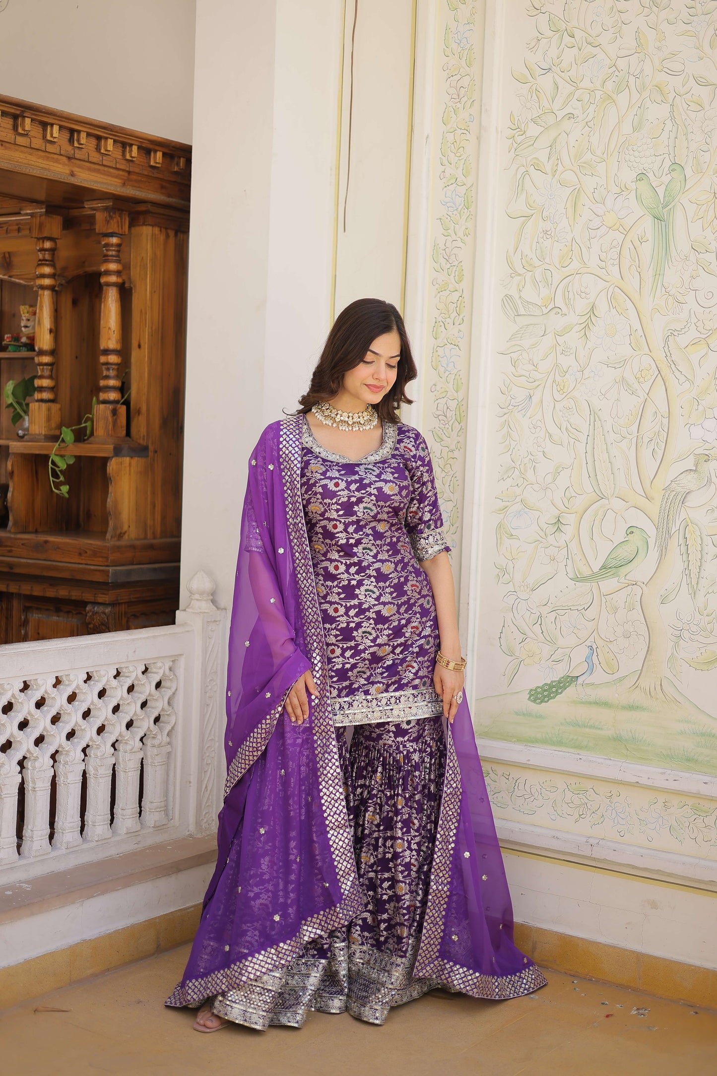 Purple Faux Blooming Sequins Embroidered Sharara Set with Matching Dupatta  Festive & Party Wear 2024