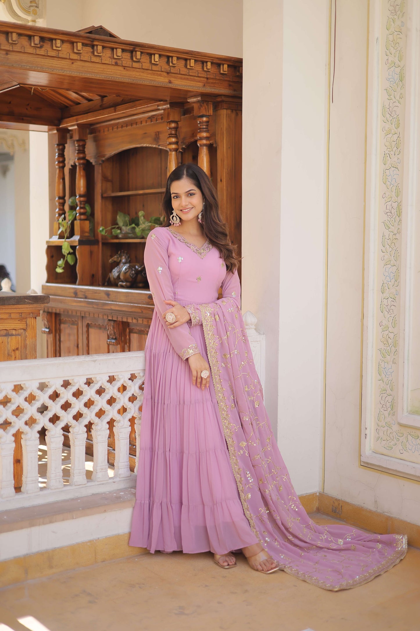 Purple Faux Georgette Designer Gown with Sequined Dupatta  Fully Flared Elegant Ready-to-Wear Set