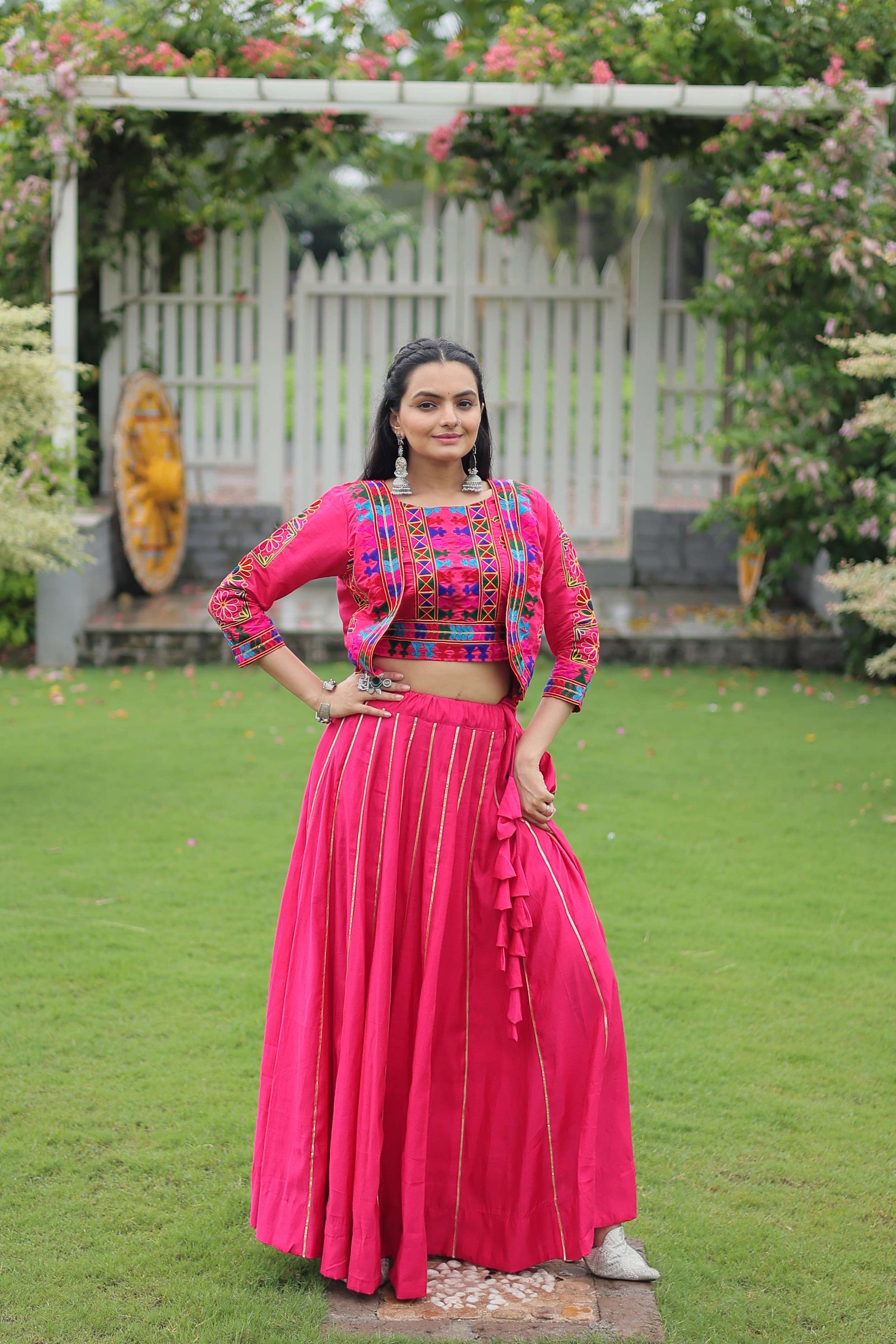 Vibrant Roman Fabric Navratri Lehenga Choli Set with Koti Blouse