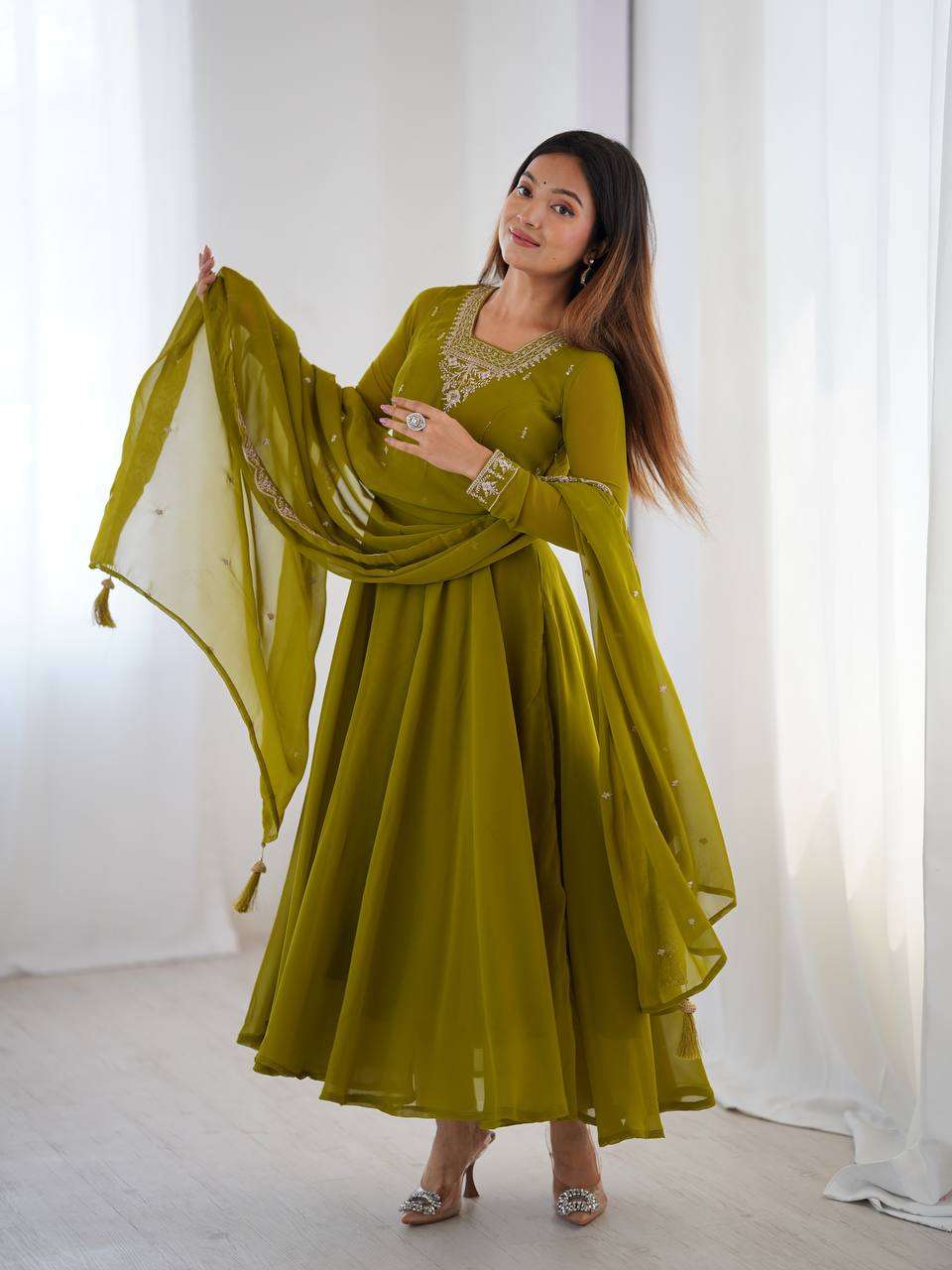 Womens Crunchy Silk Anarkali Kurti with Pant & Dupatta Set