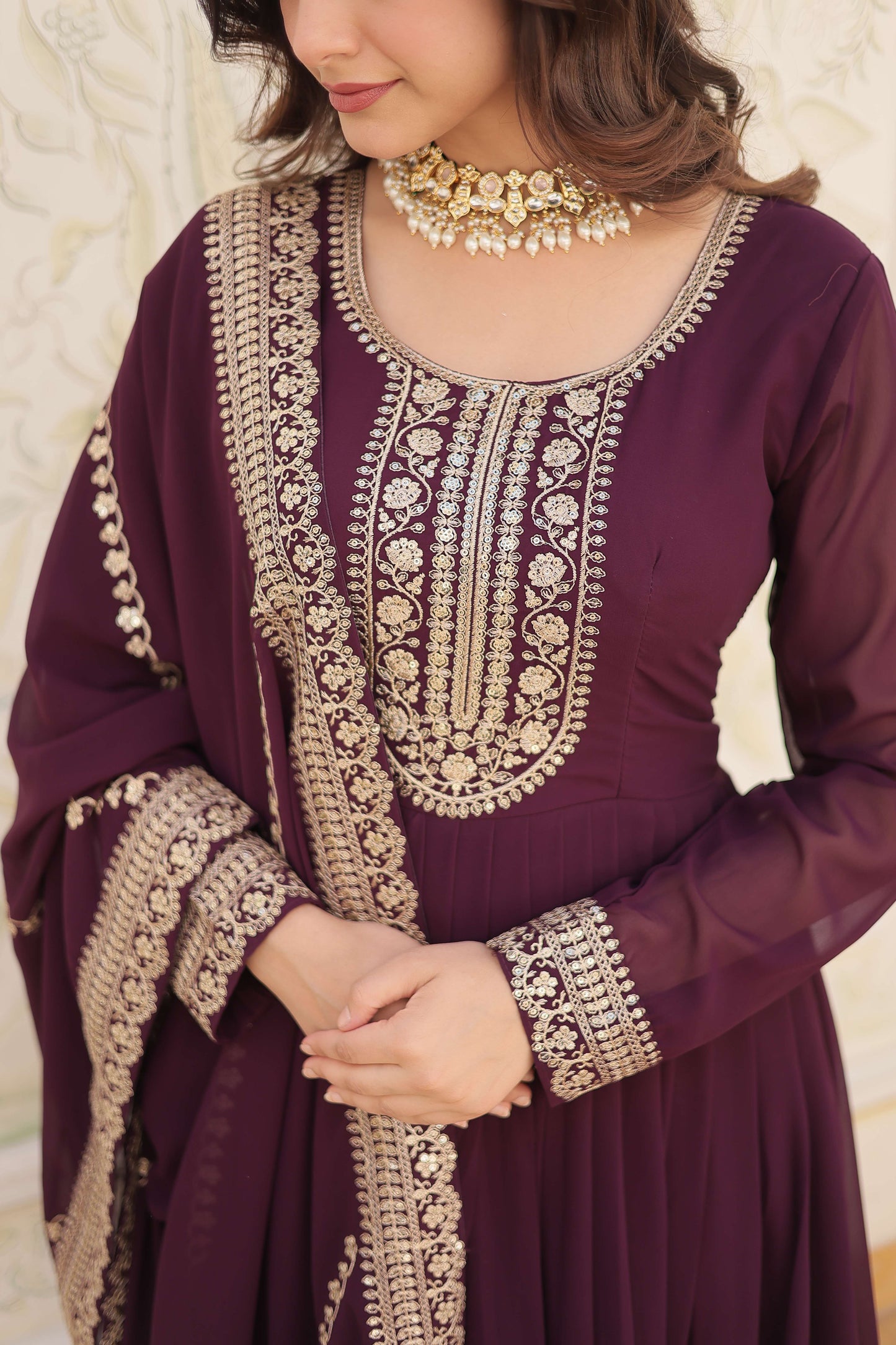 Wine Faux Blooming Sequins Embroidered Gown with Matching Dupatta  Festive & Party Wear 2024