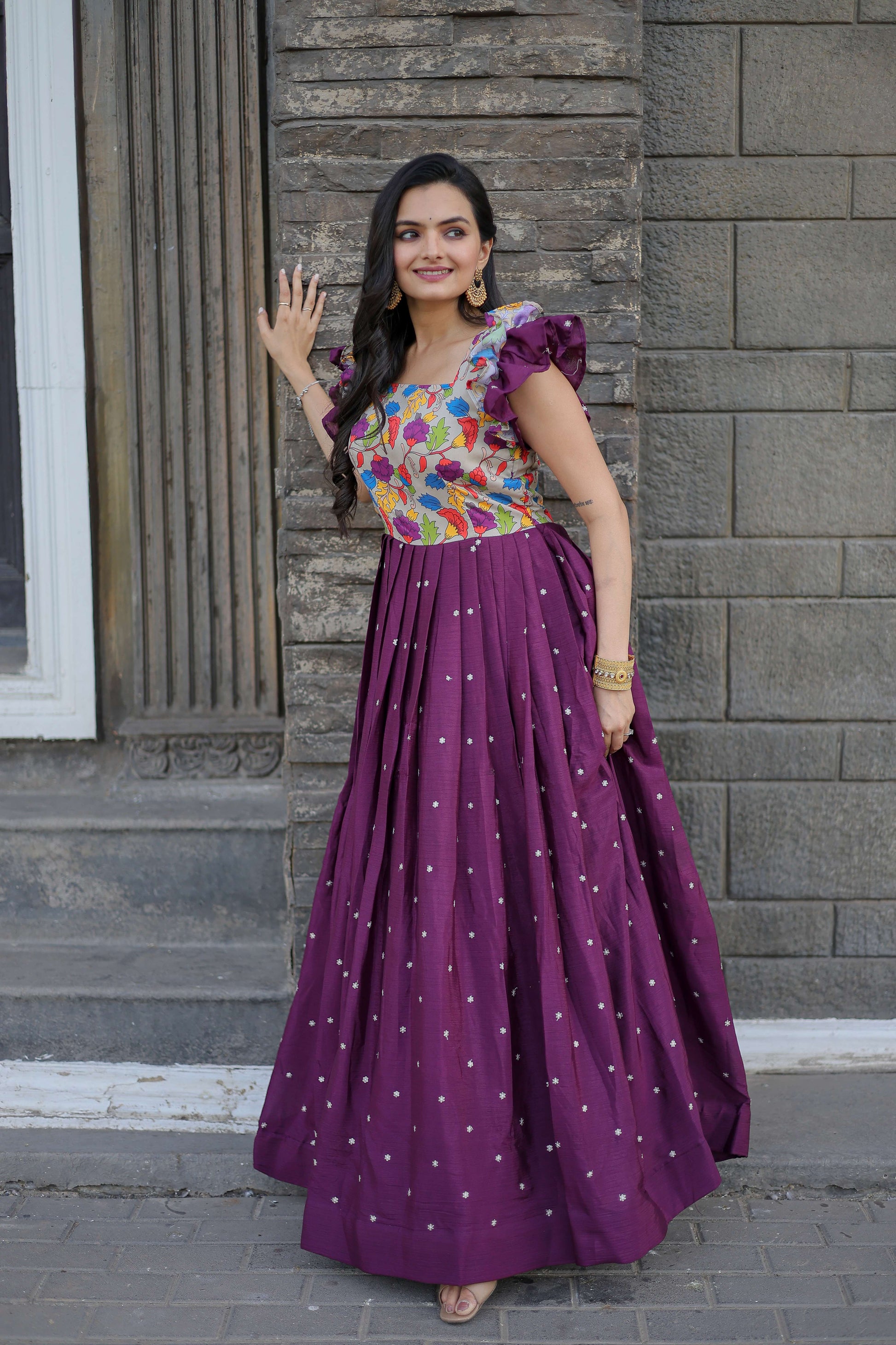 Wine Maslin & Chinon Designer Gown with Embroidery  Elegant Ready-to-Wear Womens Dress