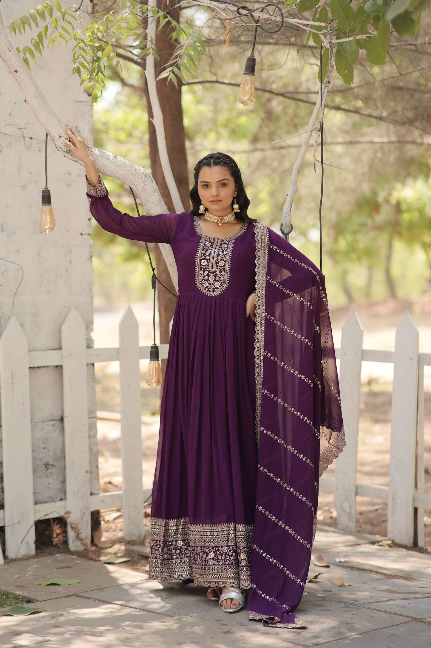 Purple Faux Blooming Sequins Embroidered Gown with Matching Dupatta  Festive & Party Wear 2024