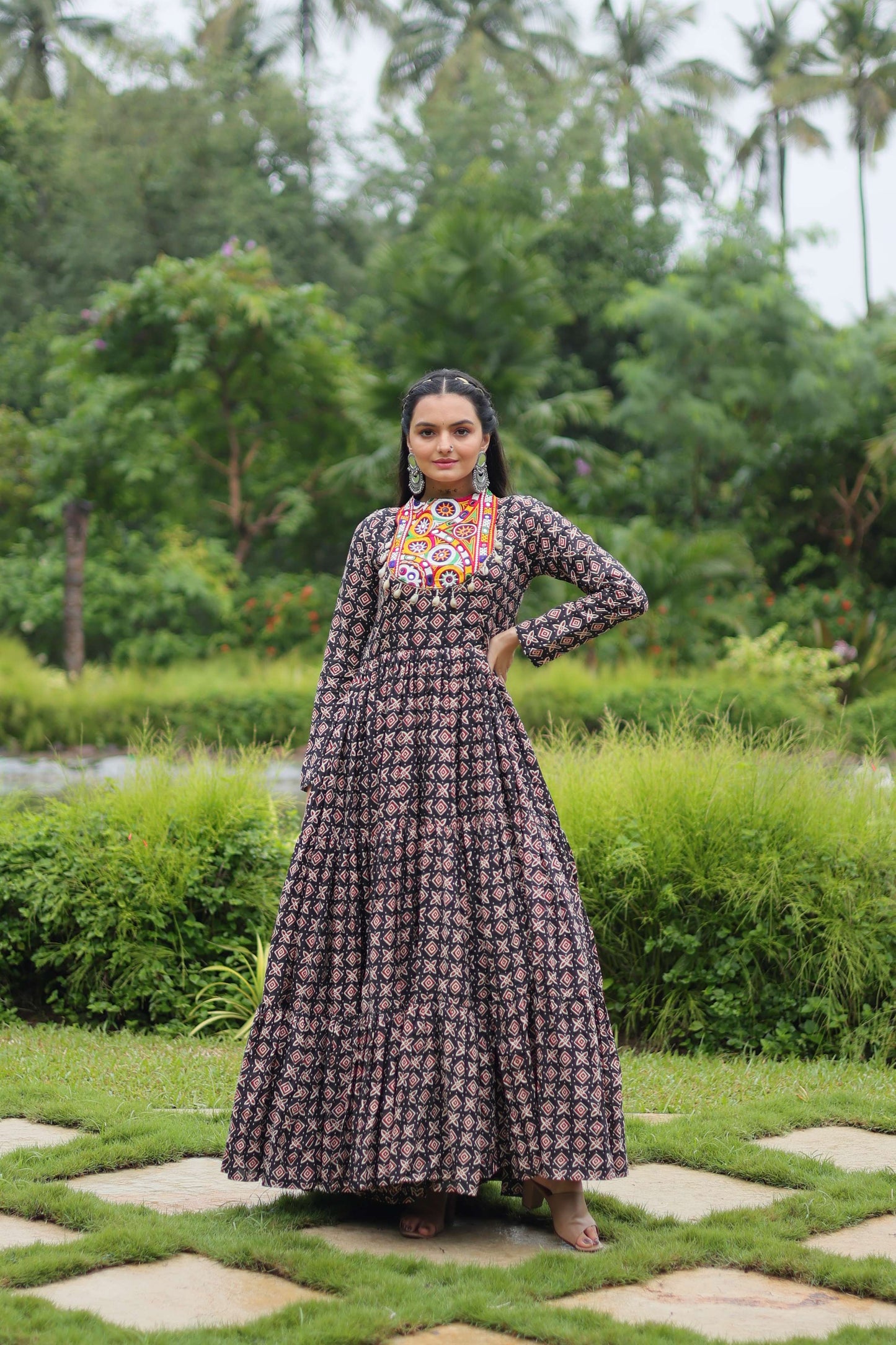 Black Designer Printed Cotton Gown with Kutchi Gamthi Lace & Kodi Work  Maroon