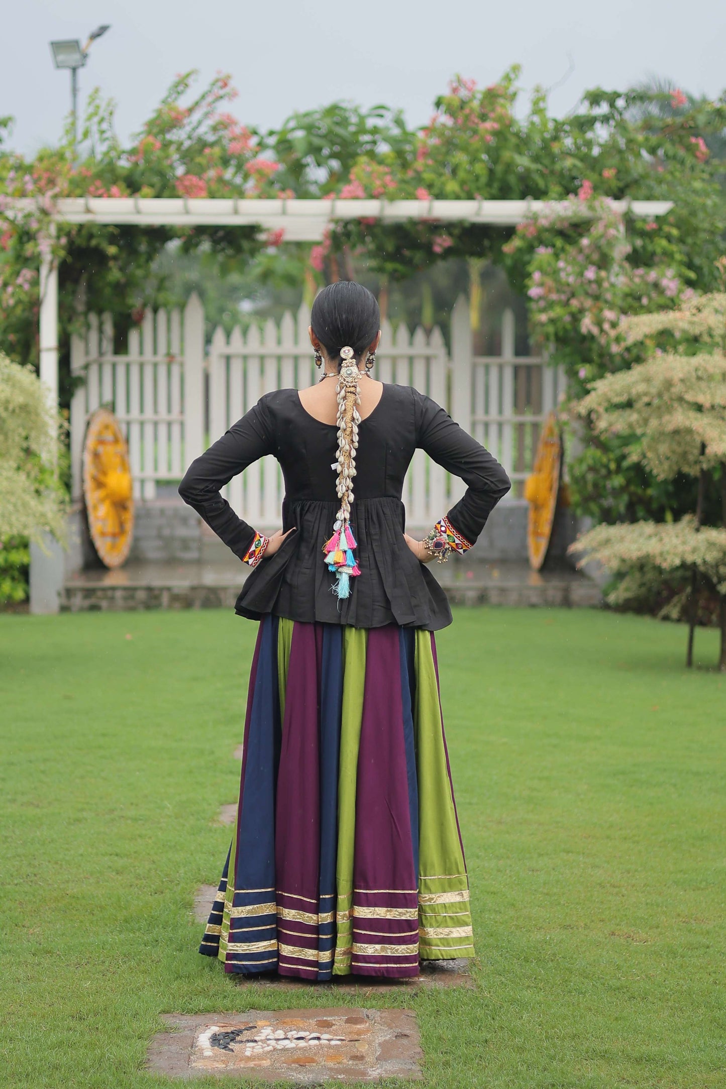 Multicolor Navratri Lehenga Choli Set with Black Peplum Top
