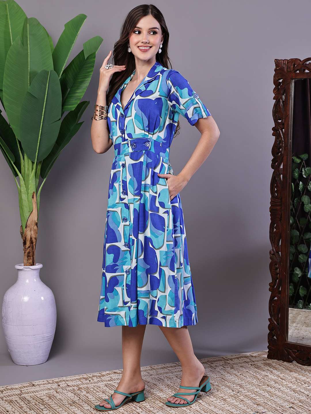 Women's Blue Abstract Print Cotton Shirt Dress