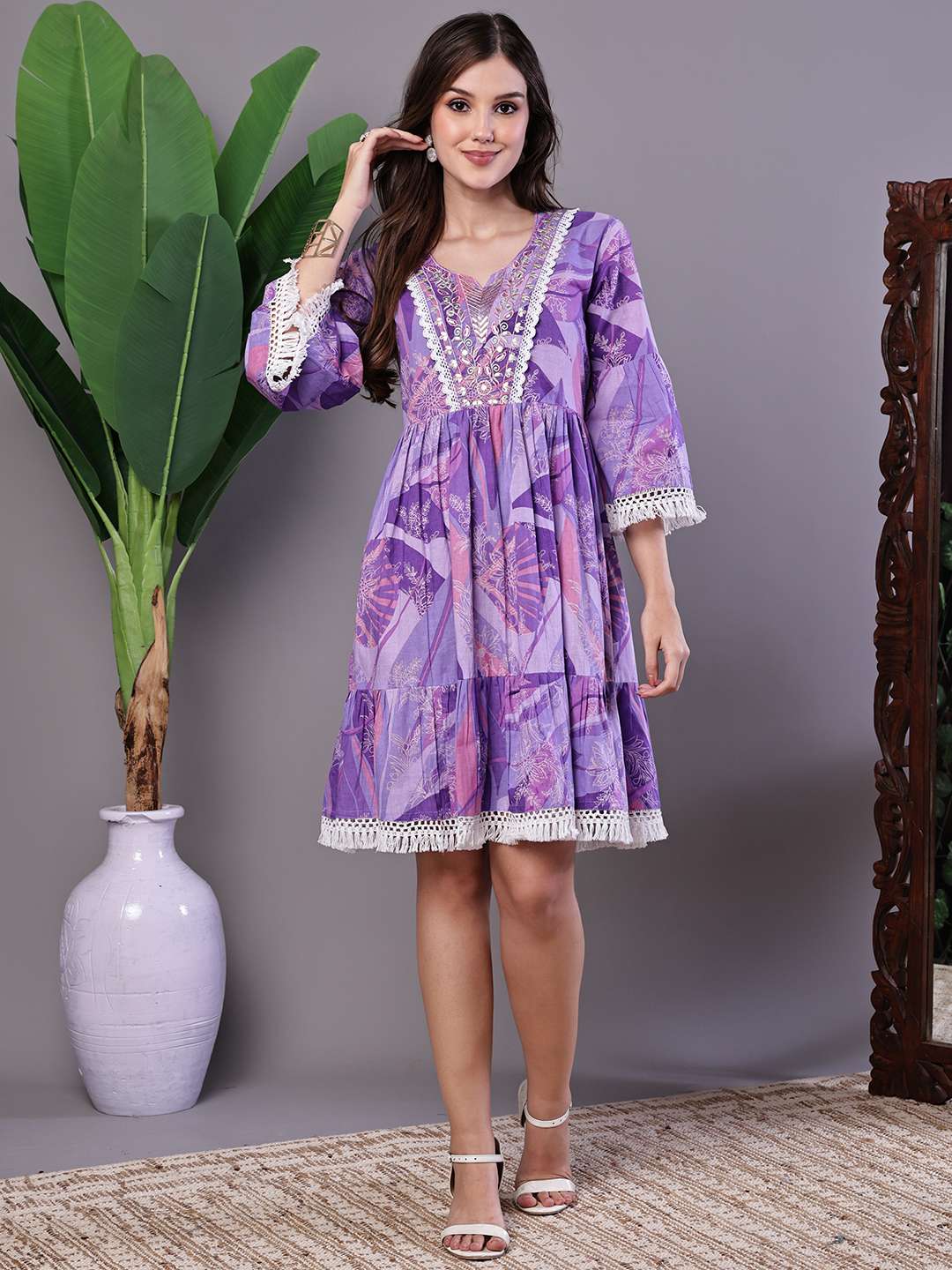 Wome's Purple Floral Cotton A-Line Dress with Lace Detailing Midi Dresses
