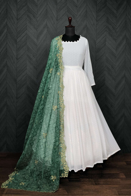 Elegant White And Green Georgette Gown with Soft Organza Dupatta  Premium Designer Ready-to-Wear Set