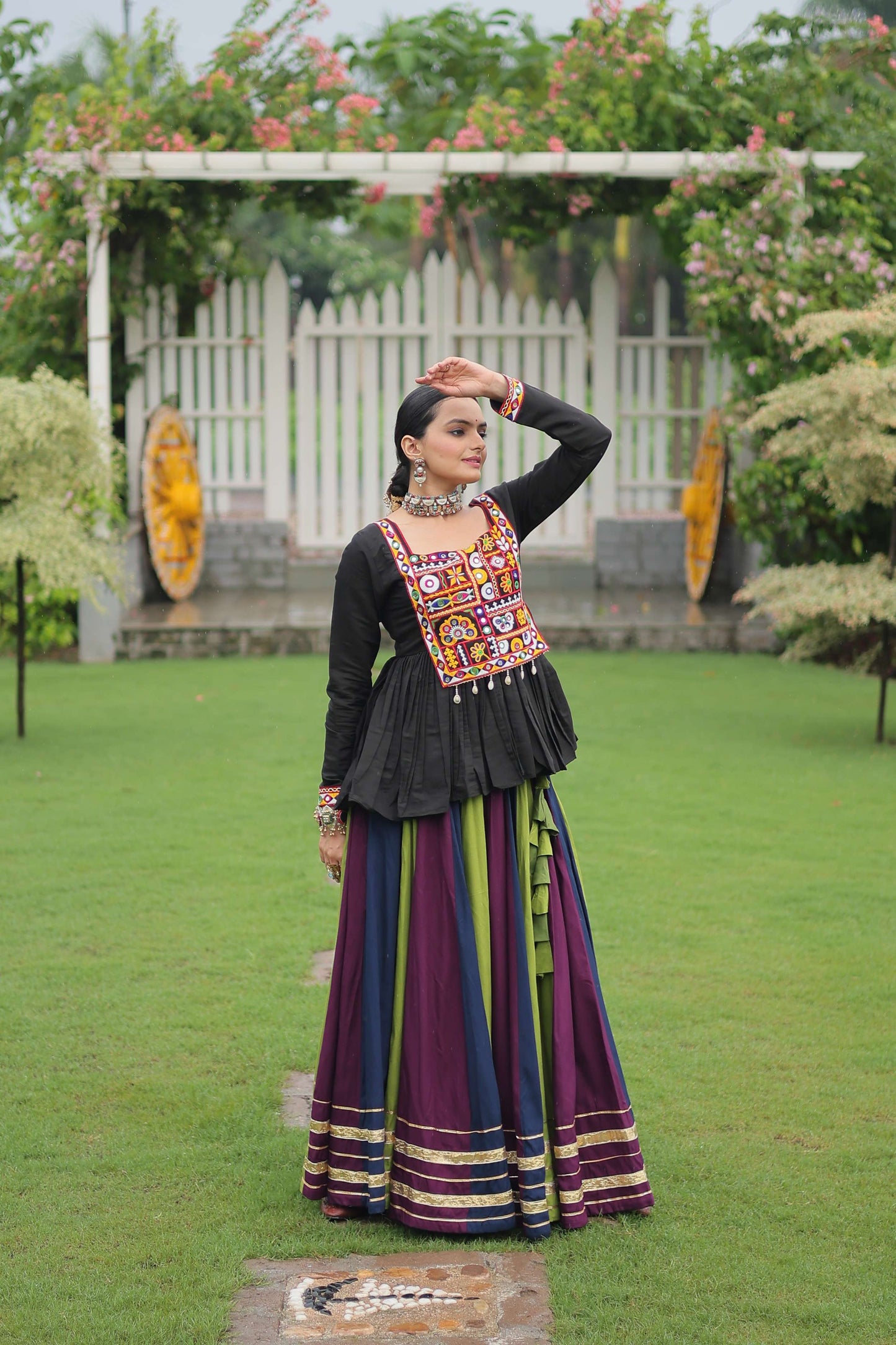 Multicolor Navratri Lehenga Choli Set with Black Peplum Top