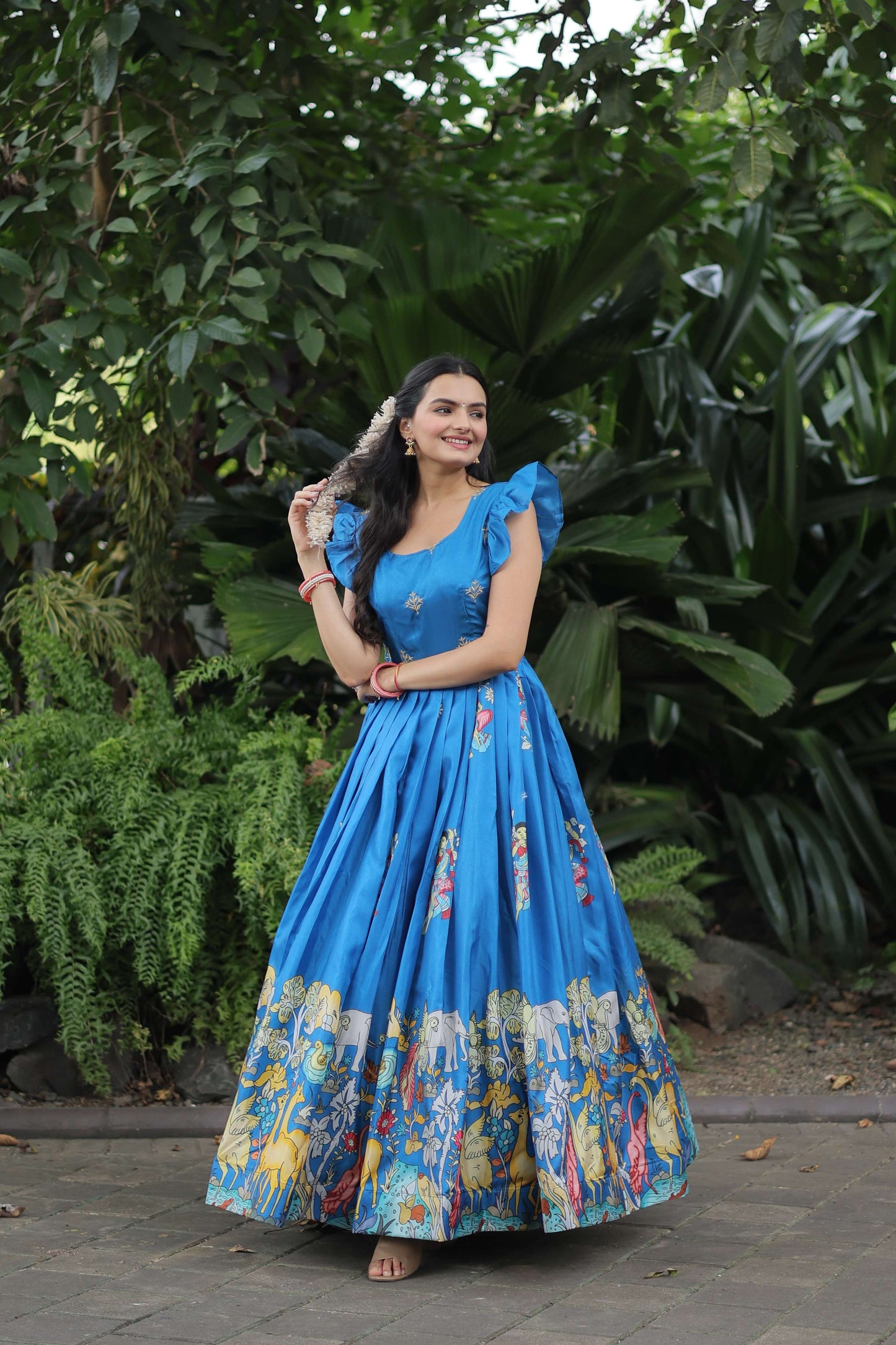 SKY Dola Silk Designer Gown  Sleeveless Fancy Round Neck Printed Womens Dress