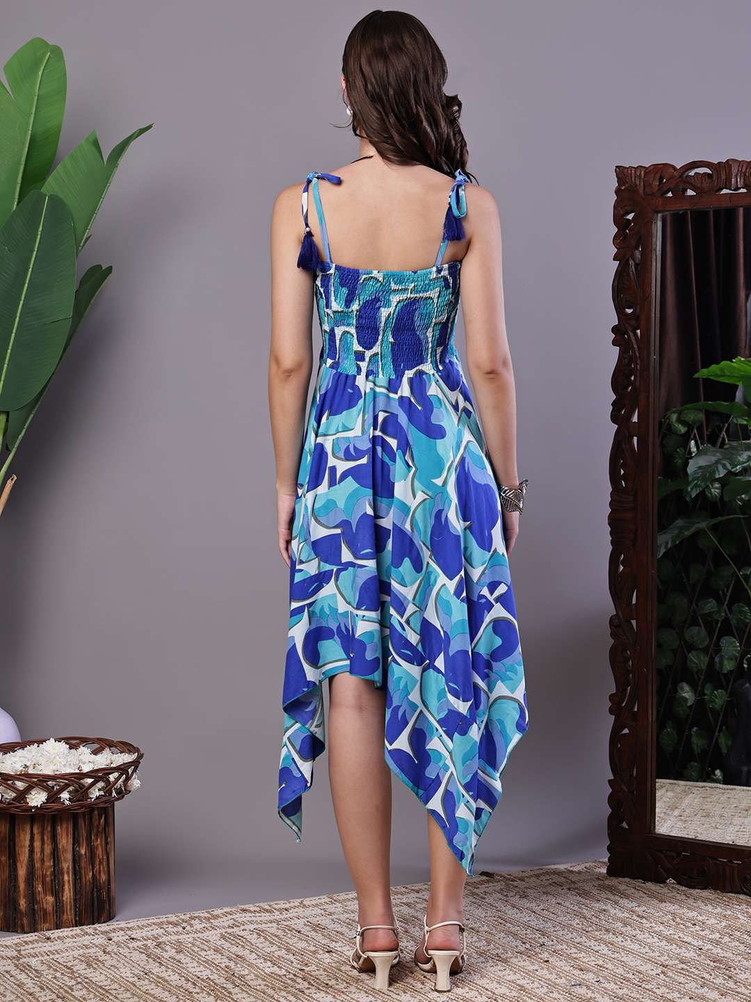 Women's Blue Printed Cotton Handkerchief Hem Dress Midi Dresses