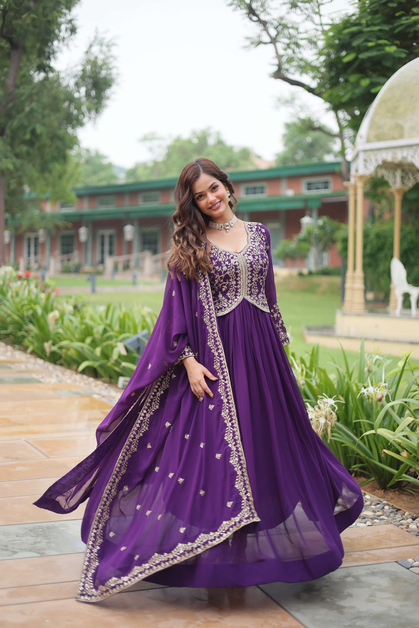 Purple Faux Blooming Sequins & Zari Embroidered Gown with Matching Dupatta