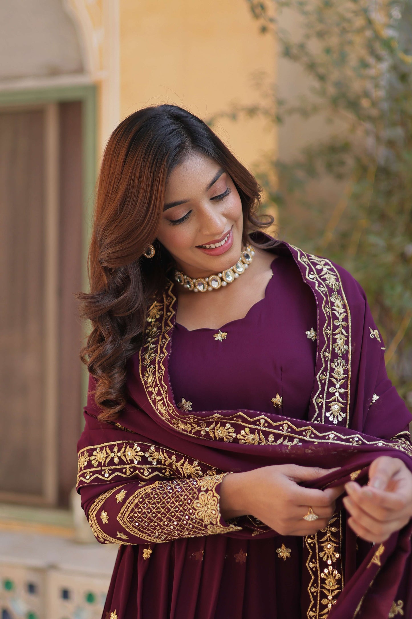 Wine Faux Blooming Georgette Designer Gown with Zari & Sequins Embroidered Dupatta