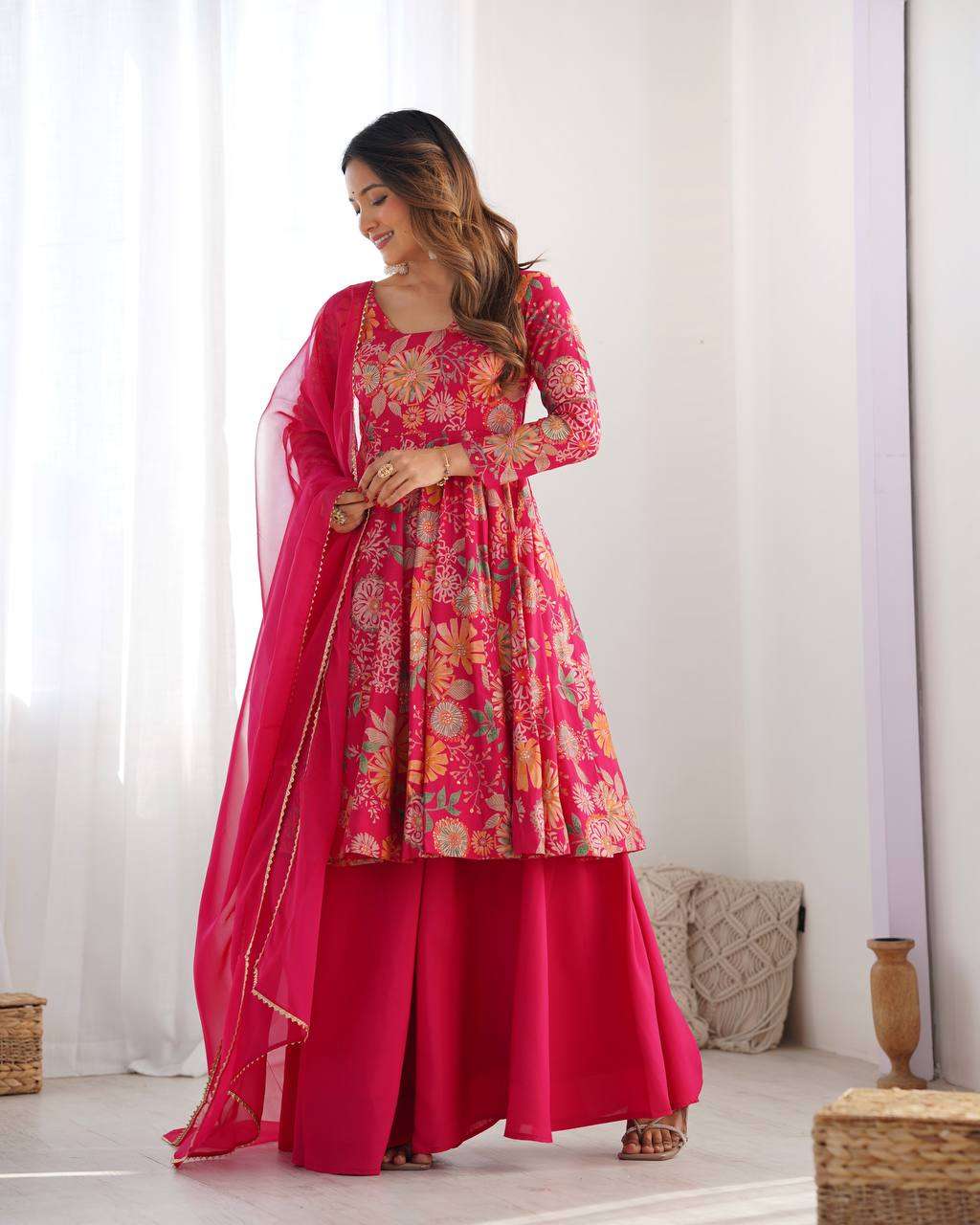 Women's Pure Romansilk Chanderi Printed Anarkali Kurti With Palazzo & Dupatta Set