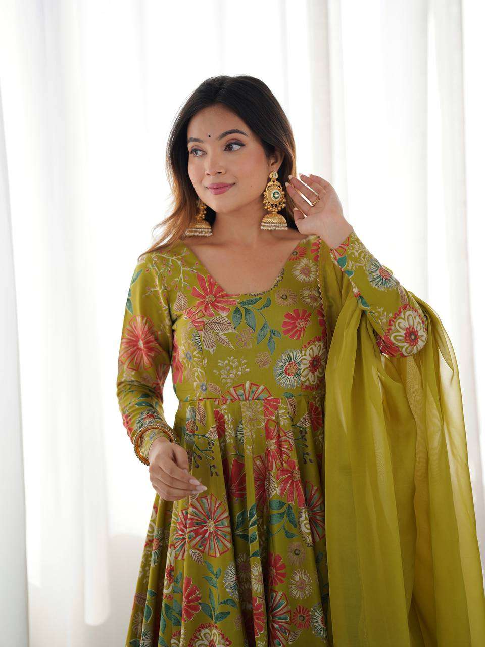 Women's Pure Romansilk Chanderi Printed Anarkali Kurti With Palazzo & Dupatta Set