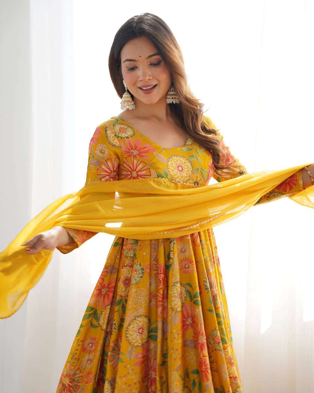 Women's Pure Romansilk Chanderi Printed Anarkali Kurti With Palazzo & Dupatta Set