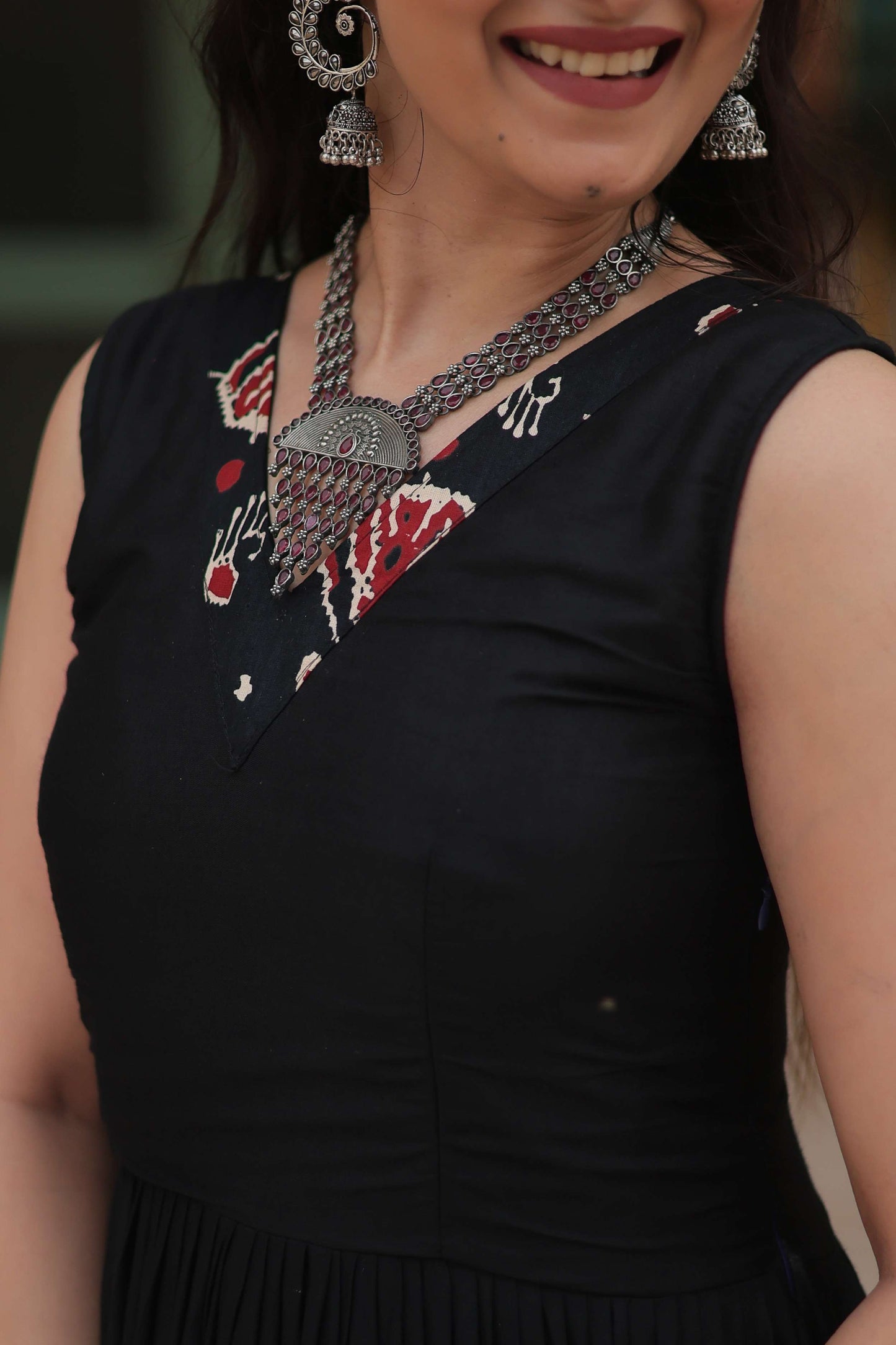 Black Designer Heavy Reyon Gown with Printed Frill & Fancy V-Neck