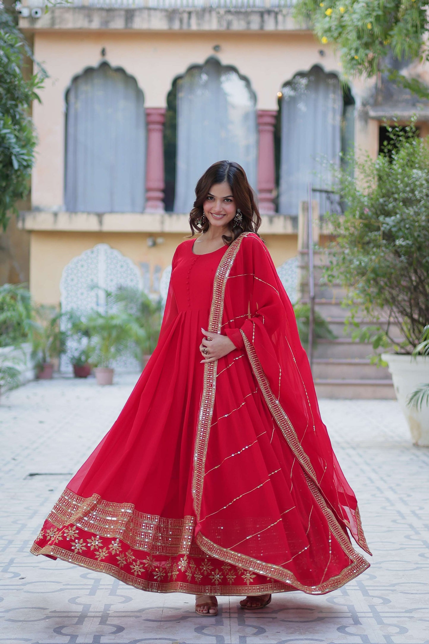 Red Faux Blooming Gown with Multi-Sequins Embroidered Dupatta