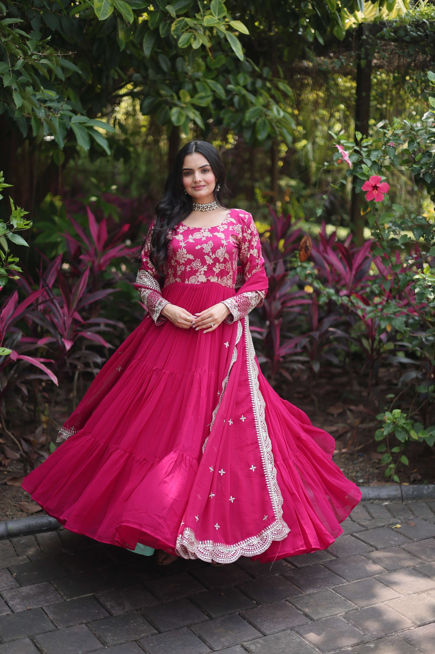 Pink Faux Blooming Designer Gown with Sequined Dupatta  Elegant Fully Flared Ready-to-Wear Set