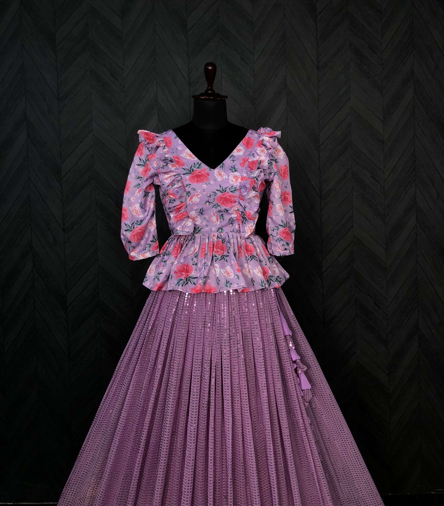 Premium Embroidered Sequins Lehenga Choli with Floral Blouse