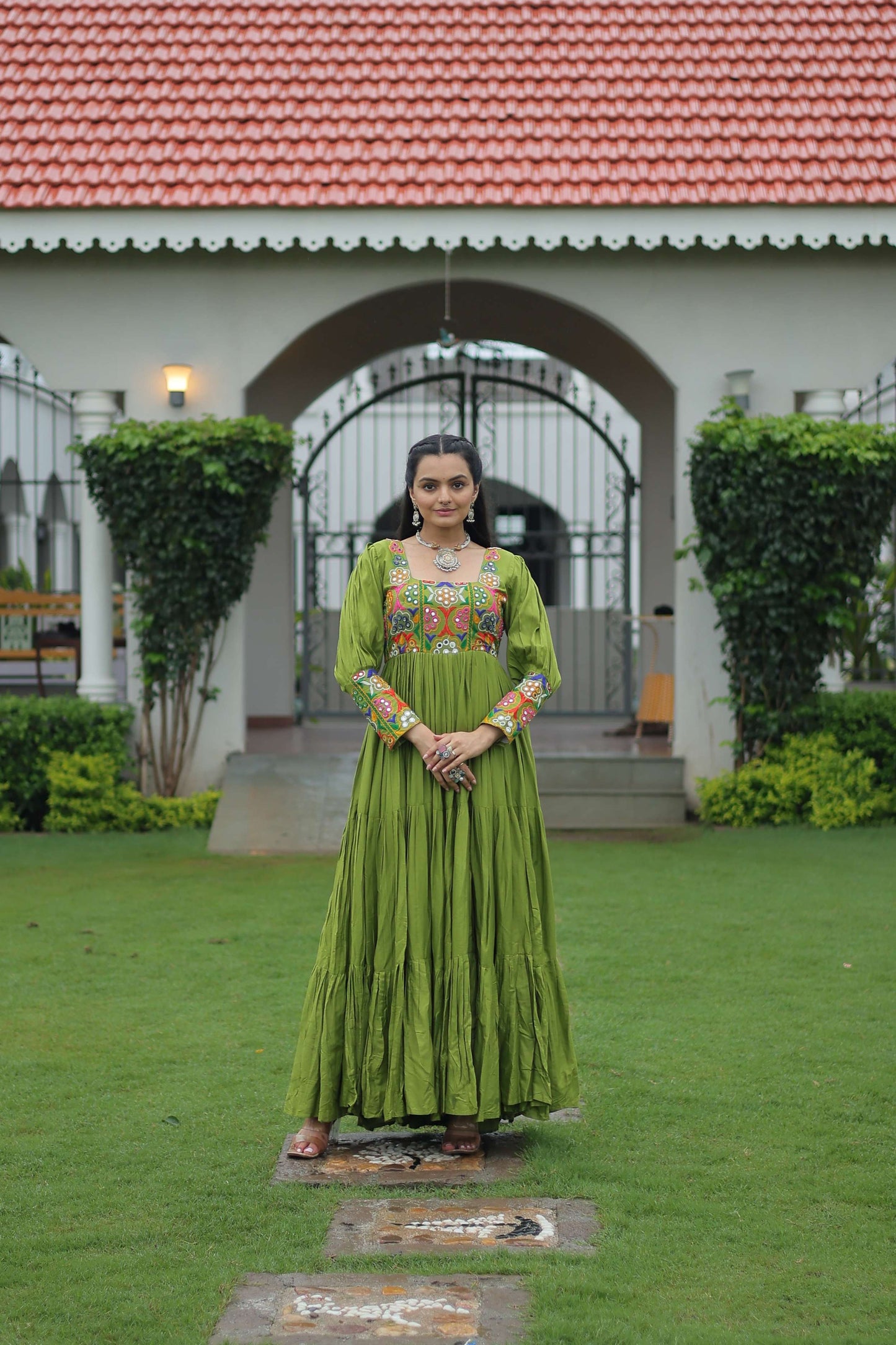 Perot Navratri Special 14 Kg Reyon Designer Gown with Kutchi Gamthi Work – Flared Ethnic Wear for Women