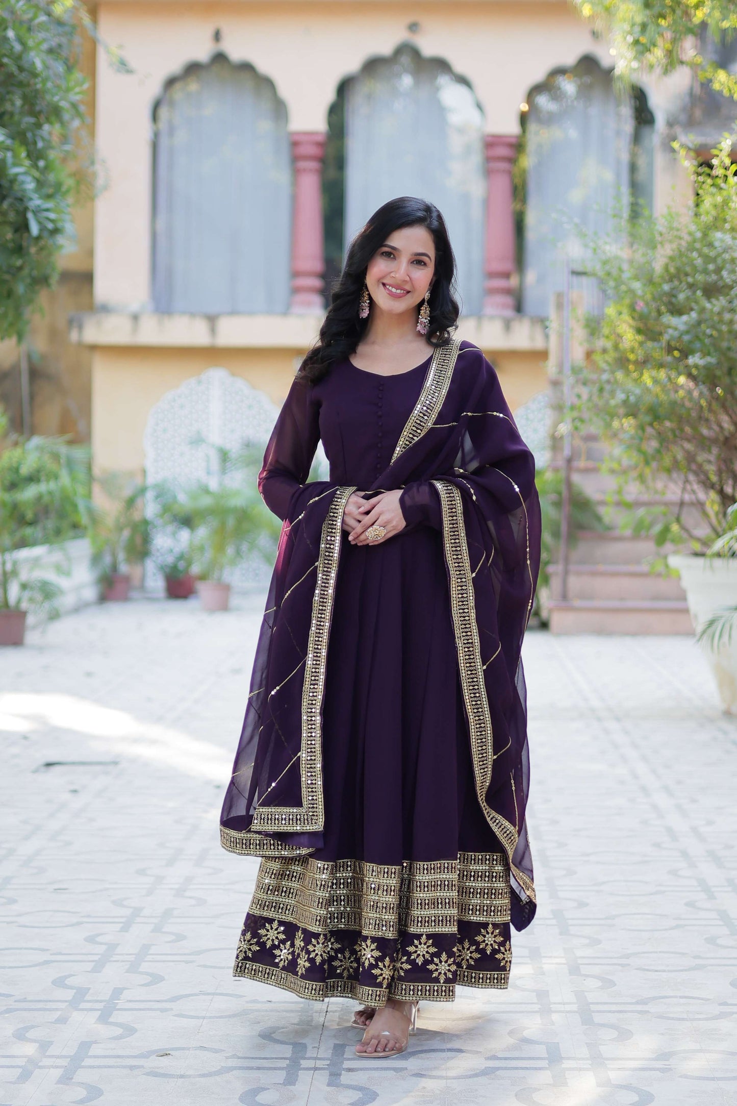 Wine Faux Blooming Gown with Multi-Sequins Embroidered Dupatta