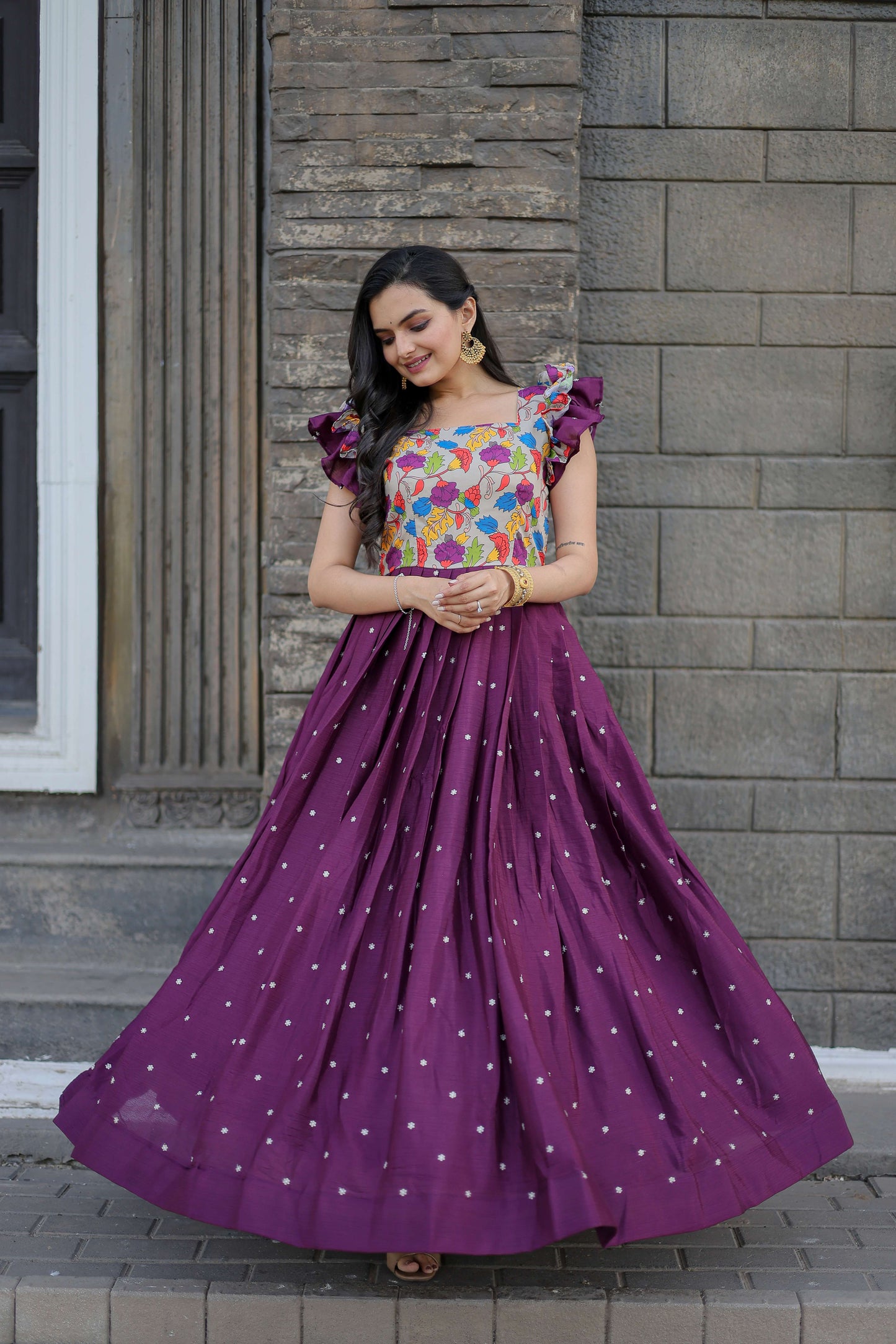 Wine Maslin & Chinon Designer Gown with Embroidery  Elegant Ready-to-Wear Womens Dress