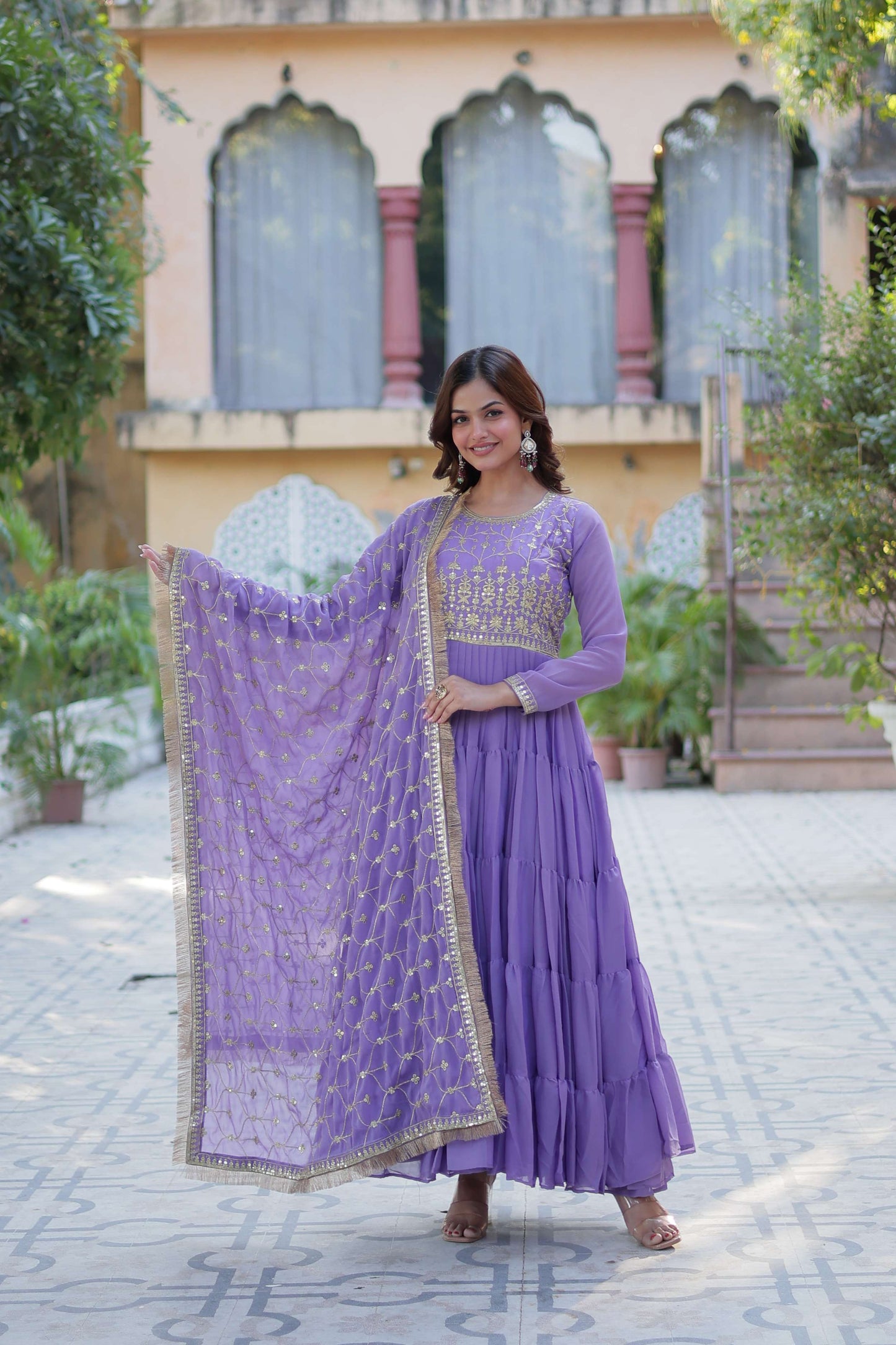 Purple Star Georgette Fully Flared Gown with Sequins Embroidered Dupatta & Lace Border