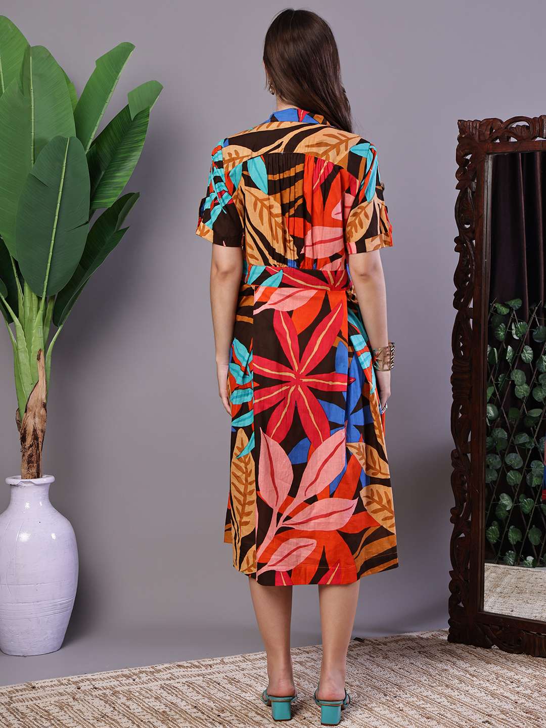 Women's Leaf Print Button-Down Cotton Midi Dress