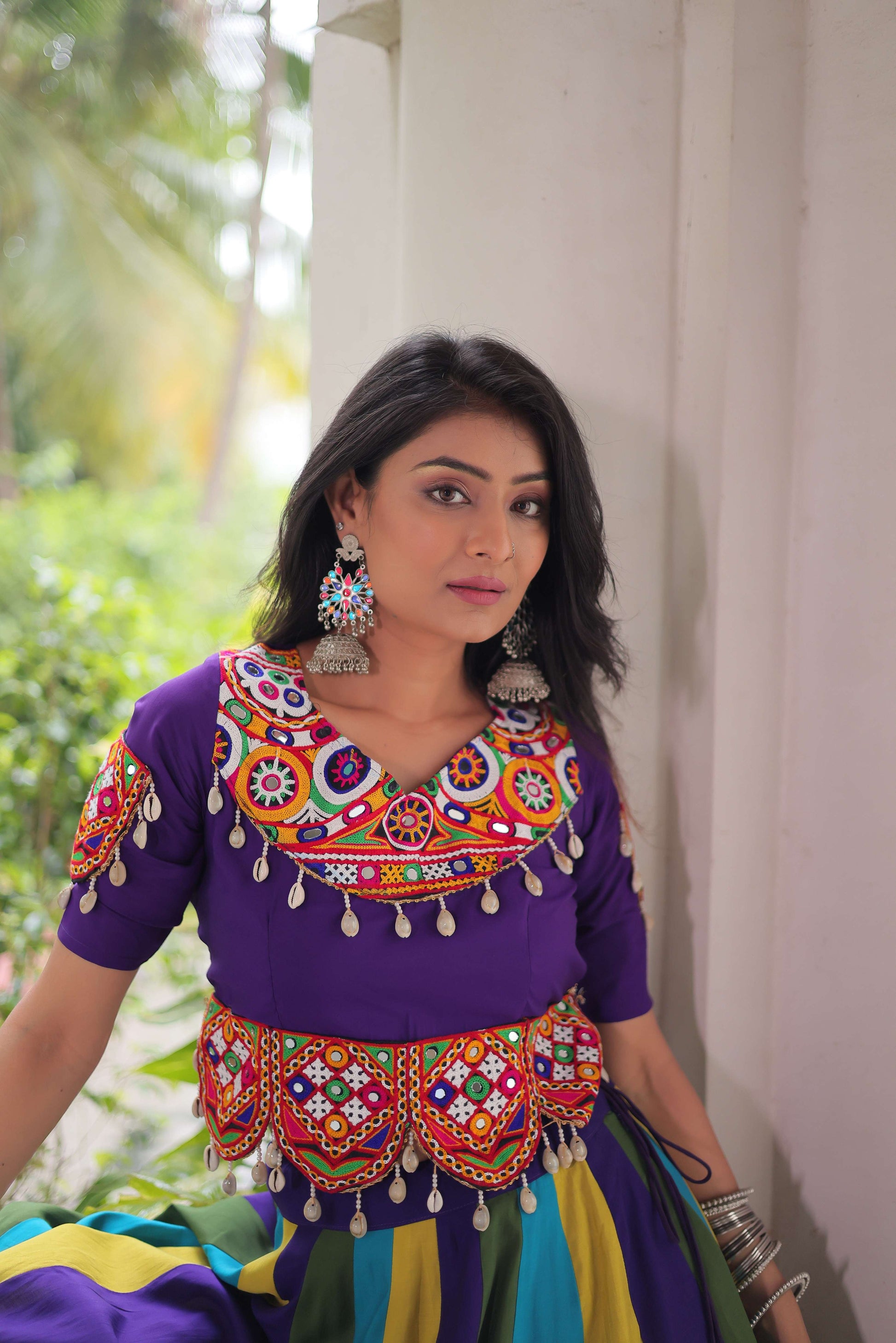 Multicolor Roman Fabric Navratri Lehenga Choli Set with Mirror & Gota Lace