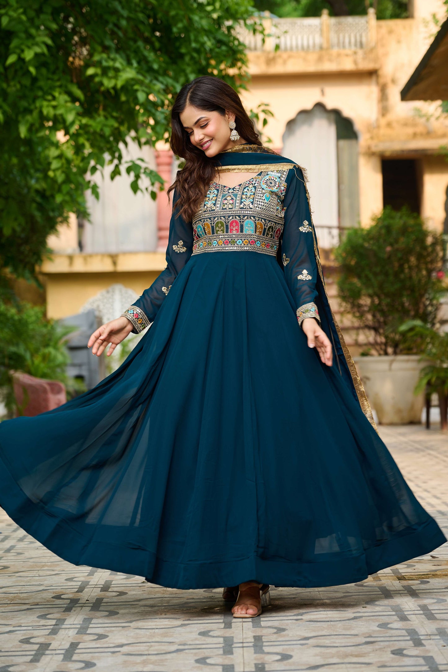 Rama Elegant Faux Blooming Designer Gown with Sequins & Multi-Thread Embroidery – Ethnic Dupatta Set