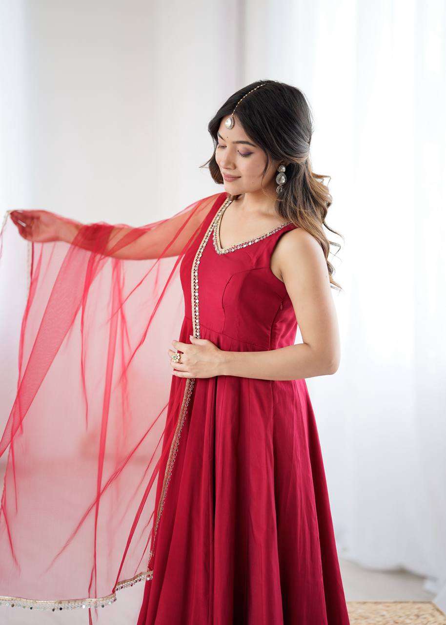 Womens Pure Romansilk Chanderi Anarkali Kurti with Pant & Dupatta Set
