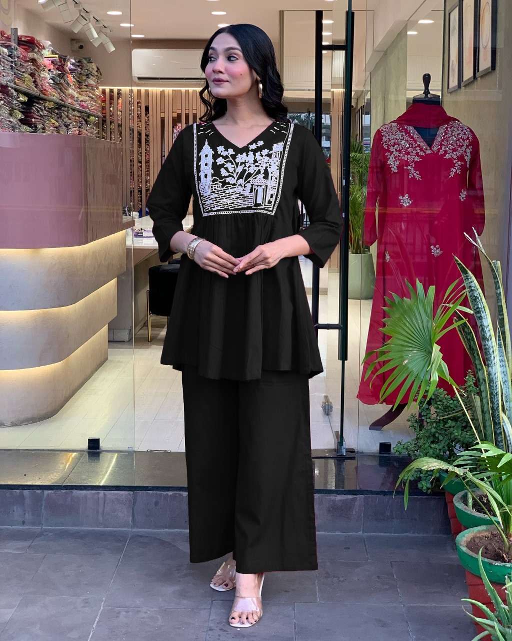 Women's Cotton Embroidered Flared Kurta With Pant Set