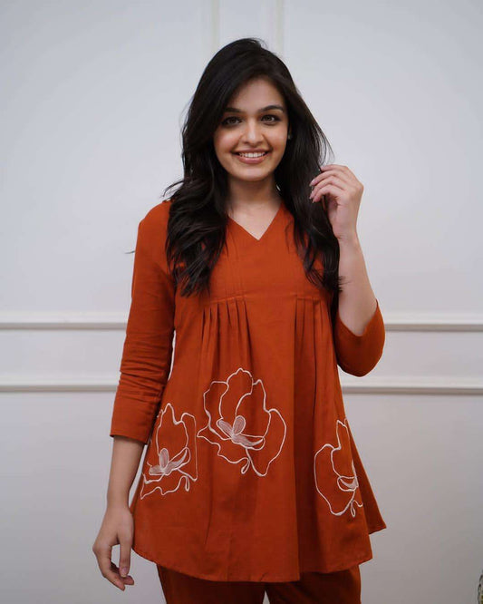 Women's Cotton Rose Printed Short Anarkali Kurta with Pant Western wear Cord Set