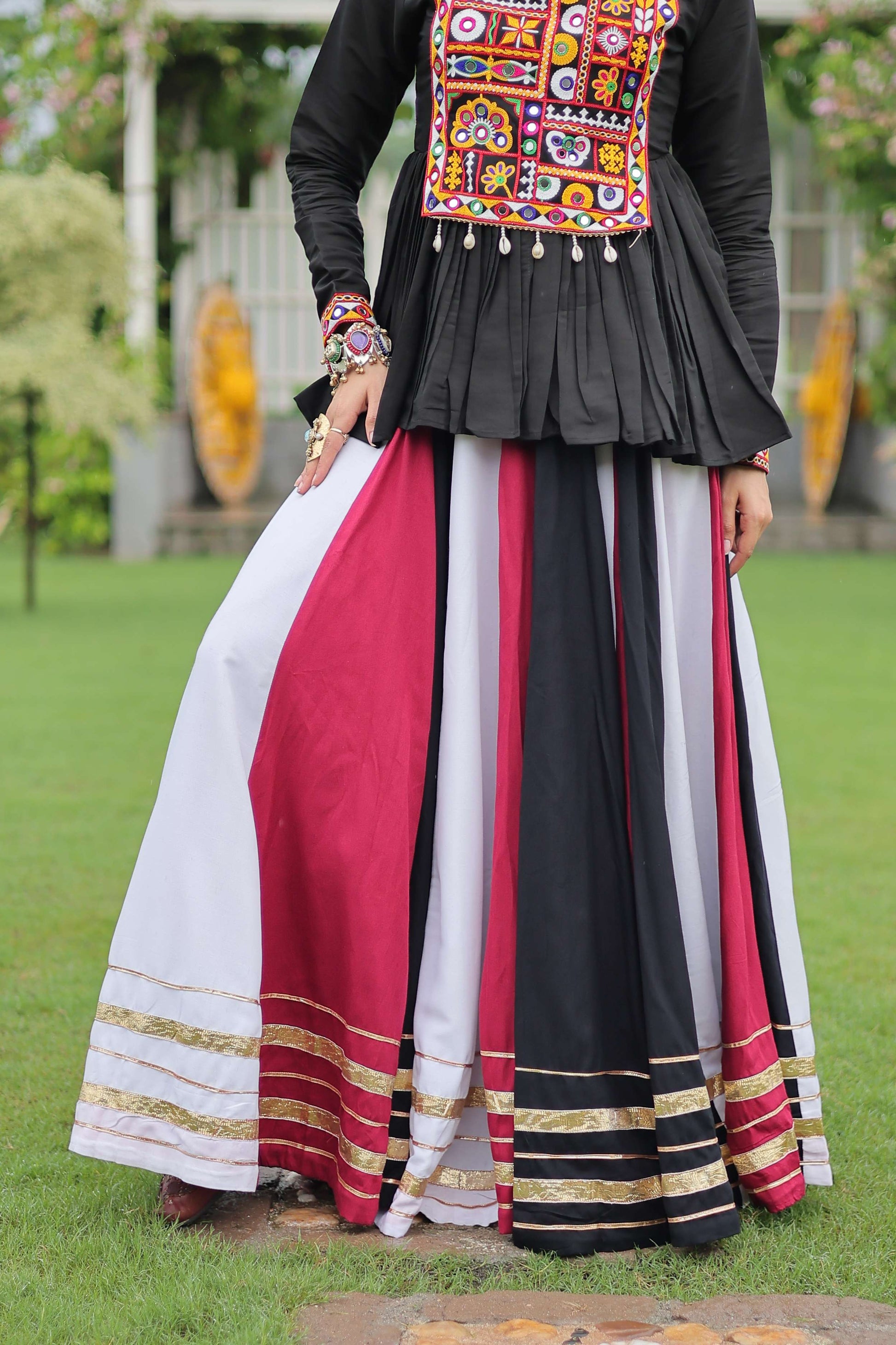 Multicolor Navratri Lehenga Choli Set with Black Peplum Top