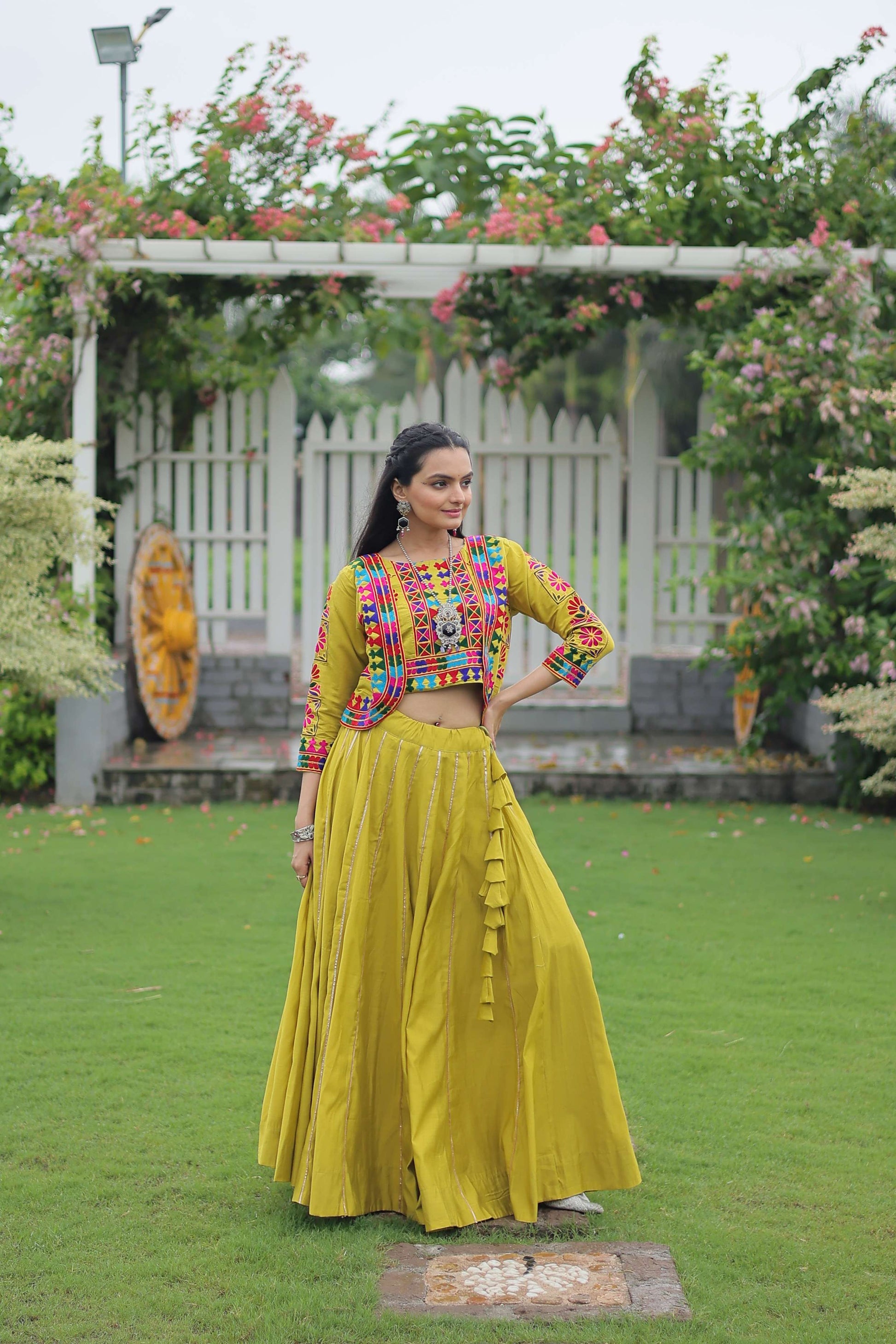 Vibrant Roman Fabric Navratri Lehenga Choli Set with Koti Blouse