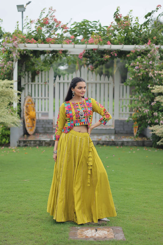 Vibrant Roman Fabric Navratri Lehenga Choli Set with Koti Blouse
