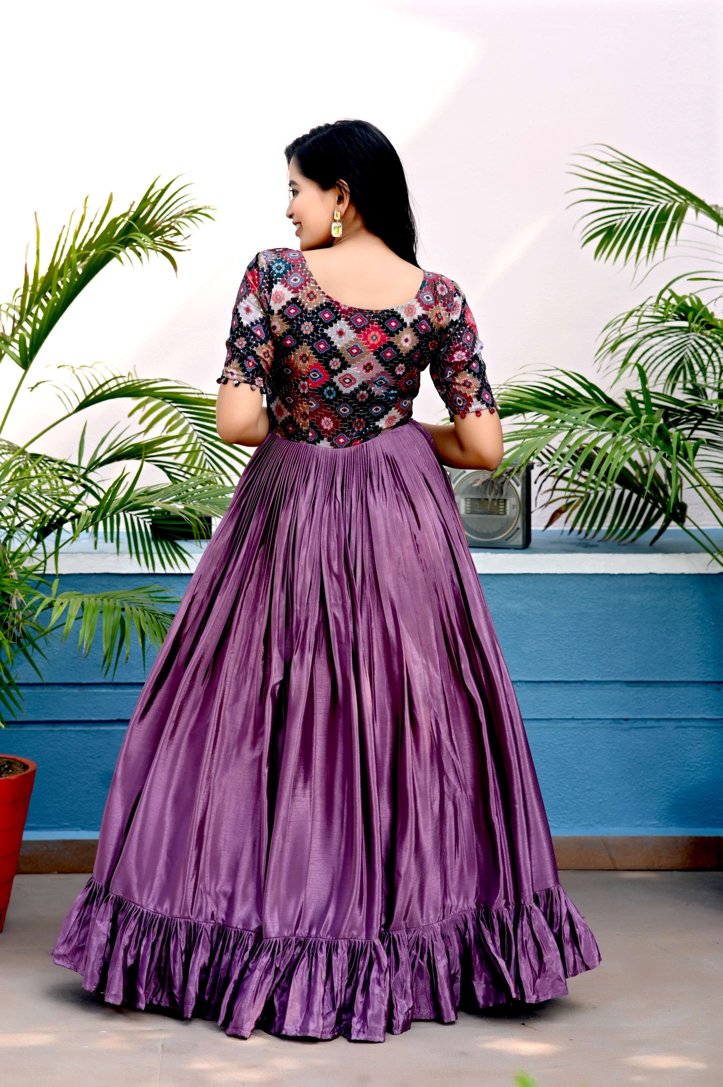 Purple Premium Chinnon Designer Gown with Sequins & Position Print  Elegant Ready-to-Wear Dress