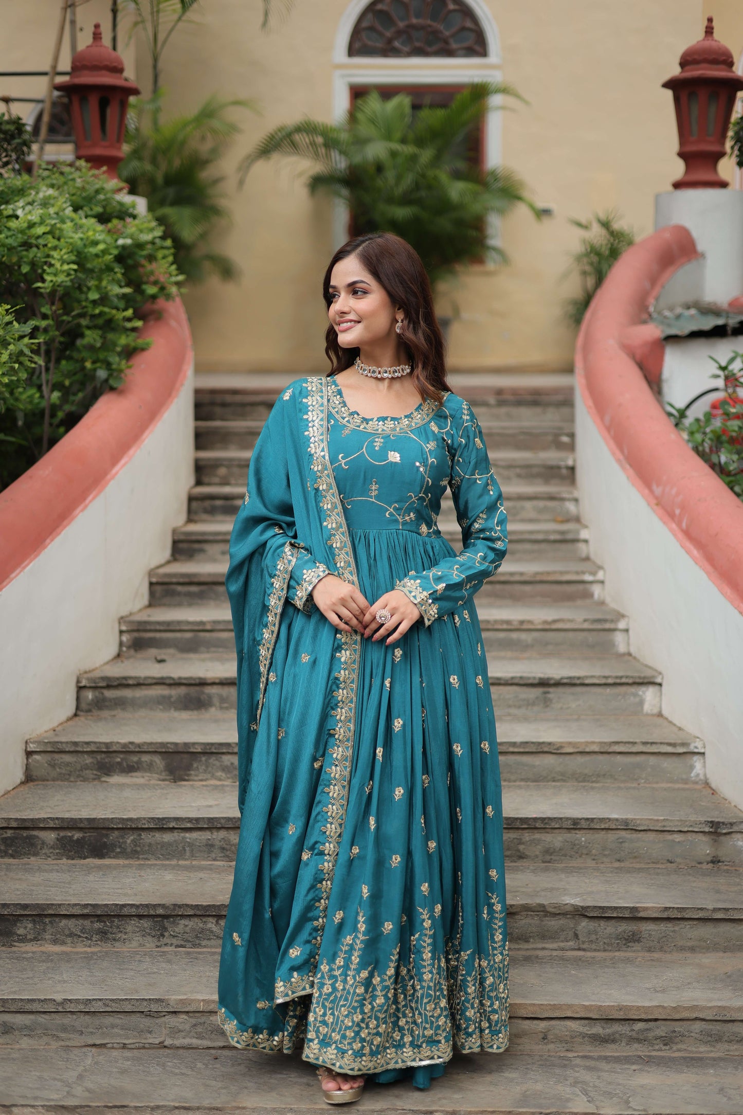 Blue Premium Chinon Sequins Embroidered Kurti with Sharara & Dupatta Set