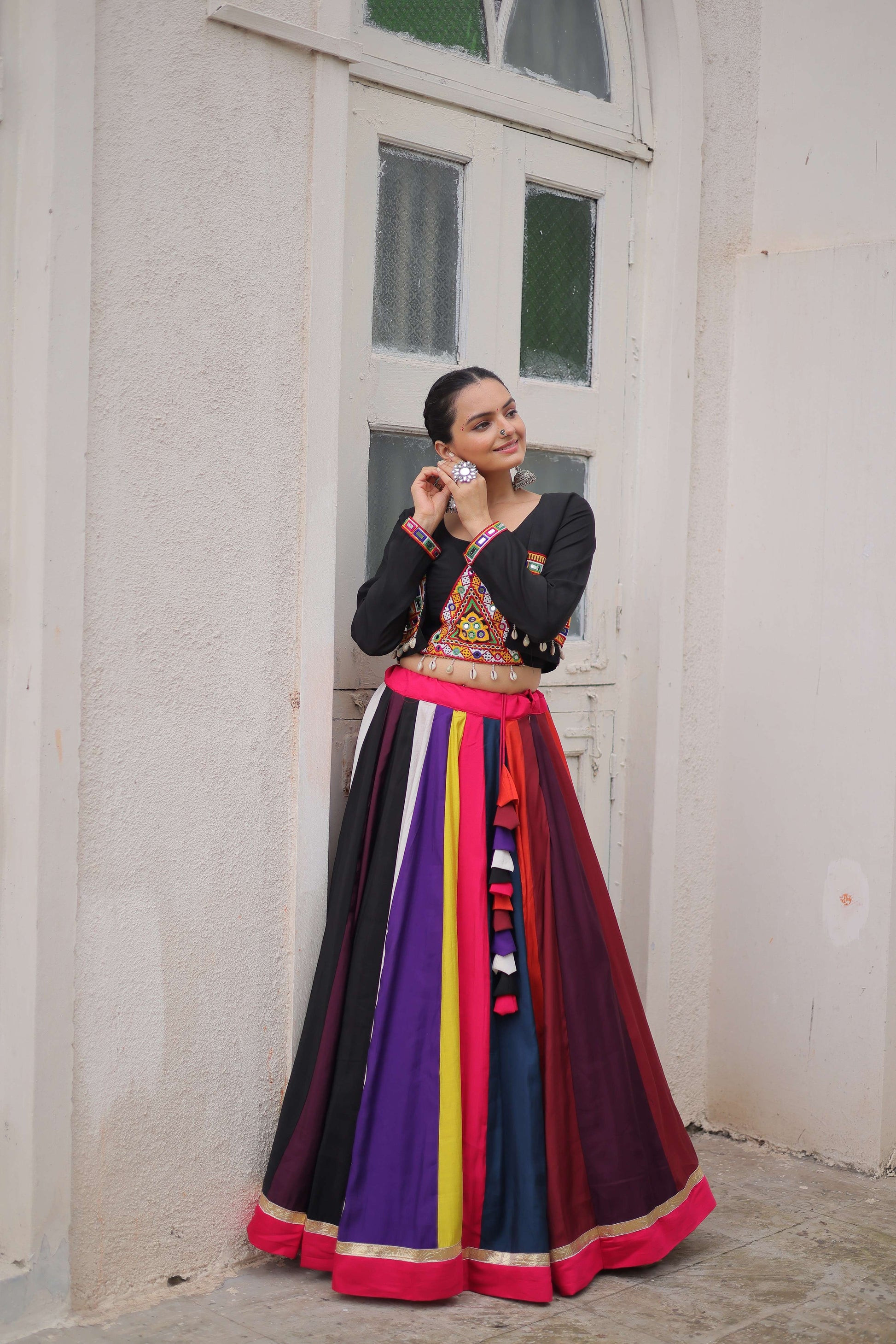 Multicolor Roman Fabric Navratri Lehenga Choli Set with Mirror & Gota Lace