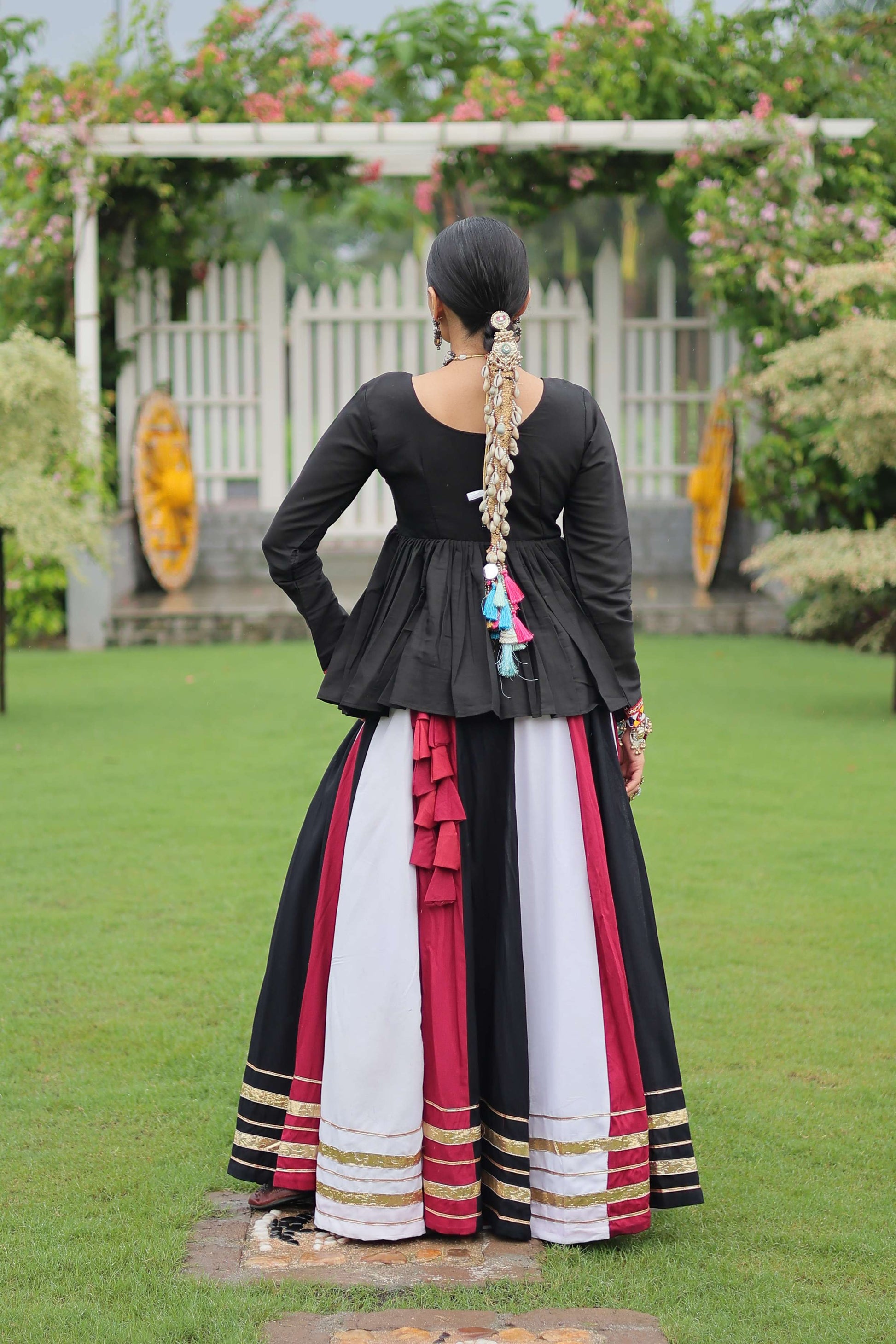 Multicolor Navratri Lehenga Choli Set with Black Peplum Top