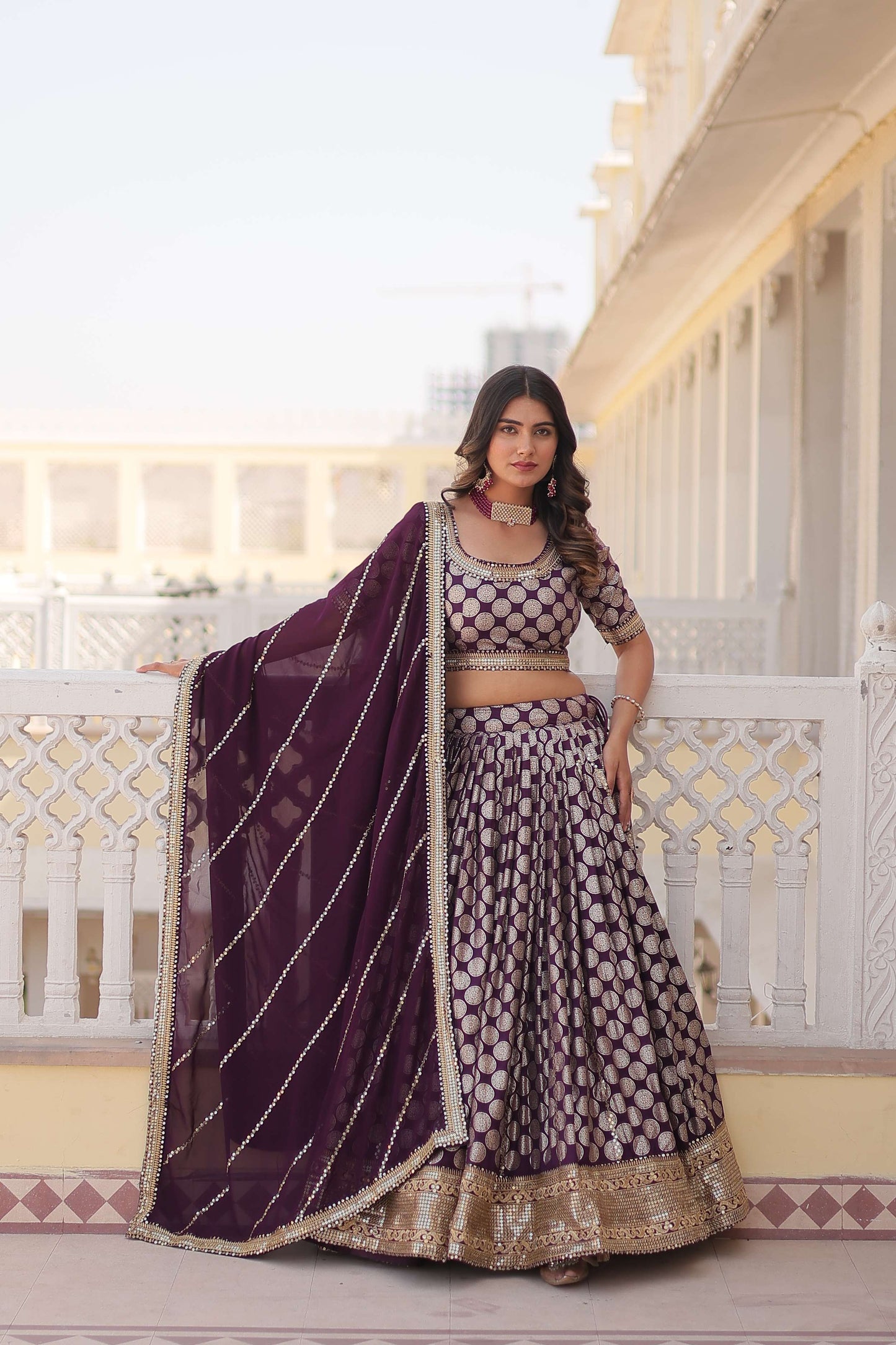 Designer Dyable Viscose Jacquard Lehenga Choli with Sequins Dupatta 