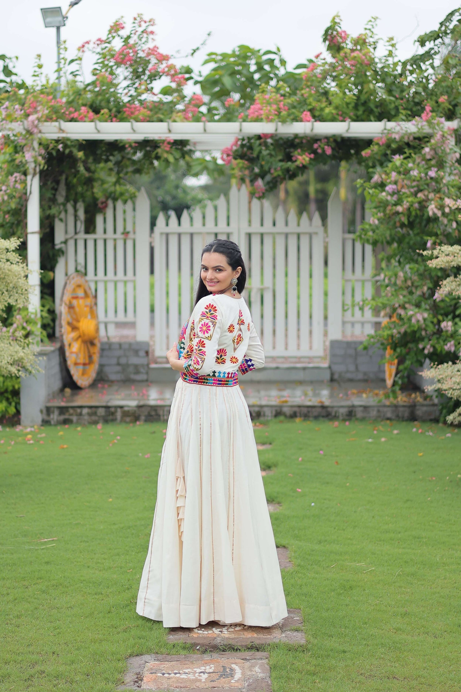 Vibrant Roman Fabric Navratri Lehenga Choli Set with Koti Blouse