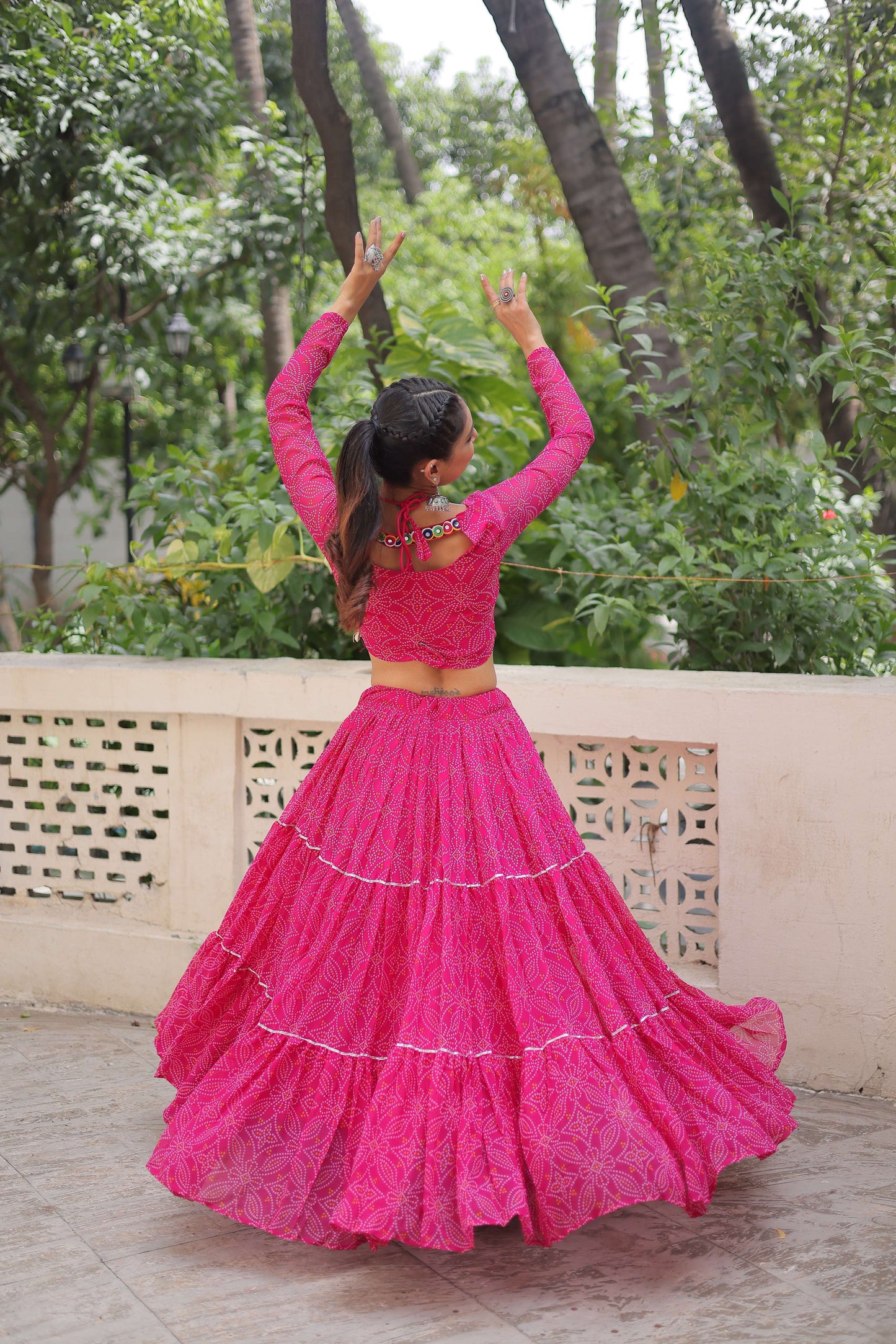 Faux Georgette Bandhej Frilled Navratri Lehenga Choli Set