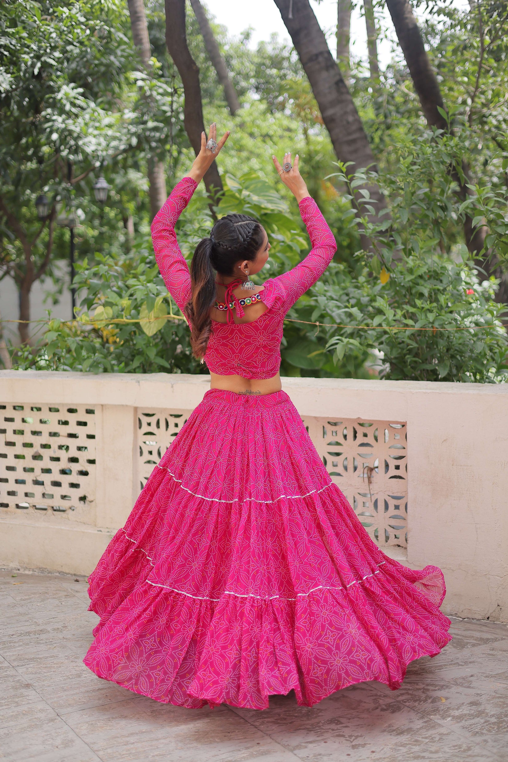 Faux Georgette Bandhej Frilled Navratri Lehenga Choli Set