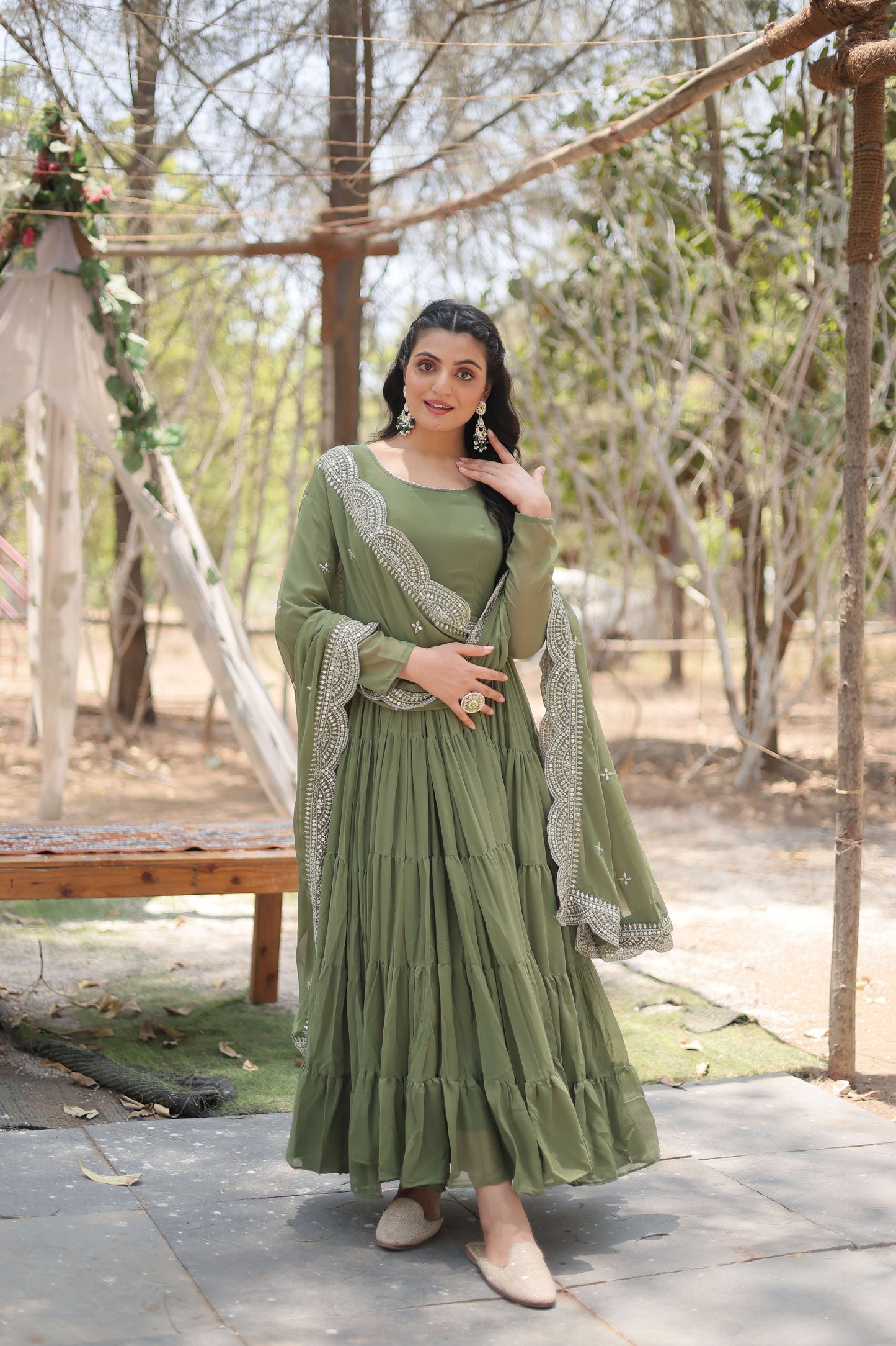 Mehandi Premium Faux Georgette Designer Gown with Sequined Dupatta  Fully Flaired Ready-to-Wear Set