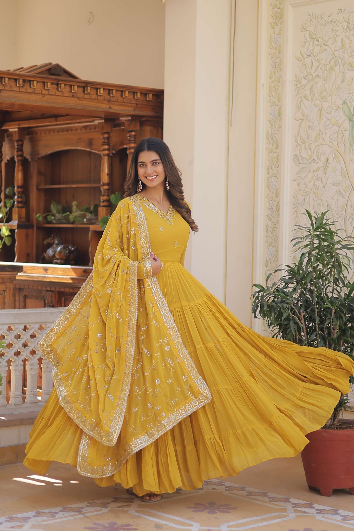 Yellow Faux Georgette Designer Gown with Sequined Dupatta  Fully Flared Elegant Party & Wedding Set