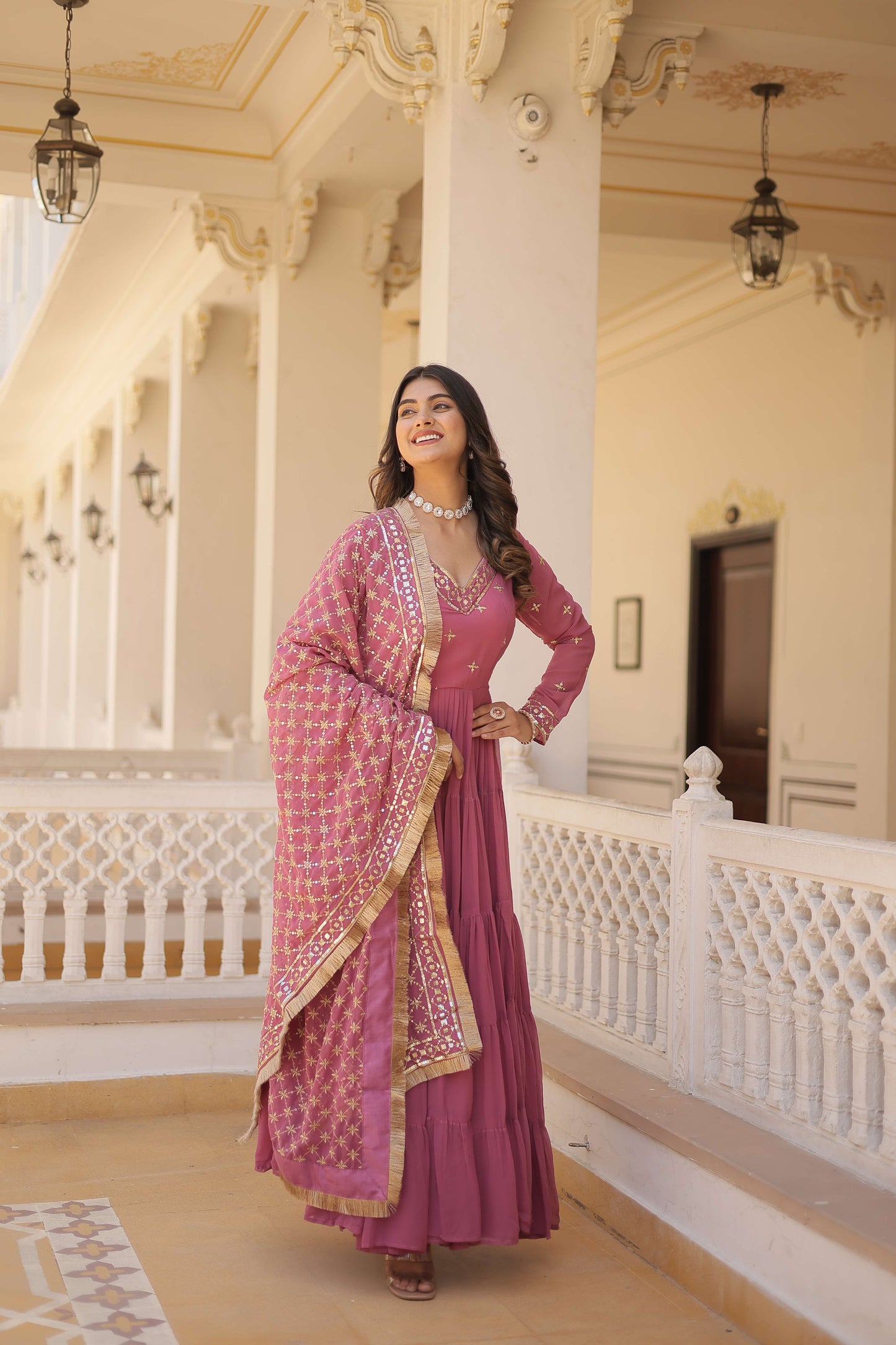 Onion Designer Faux Georgette Gown with Sequined Dupatta  Elegant Festive & Party Wear Set